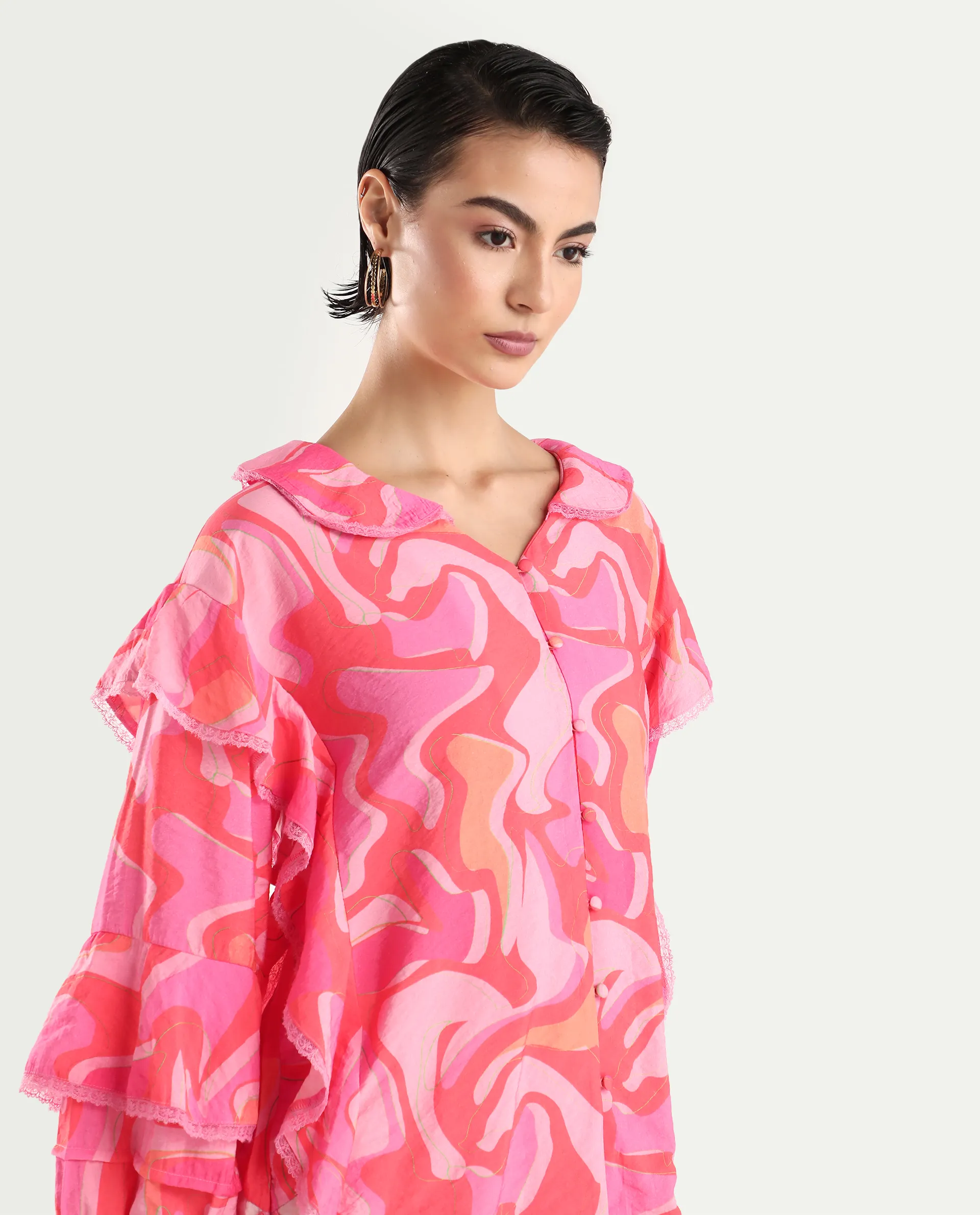 Rareism Women's Ivan Multi Viscose Blend Peter Pan Collar Abstract Print Bishop Sleeve Regular Fit Top - Image 4