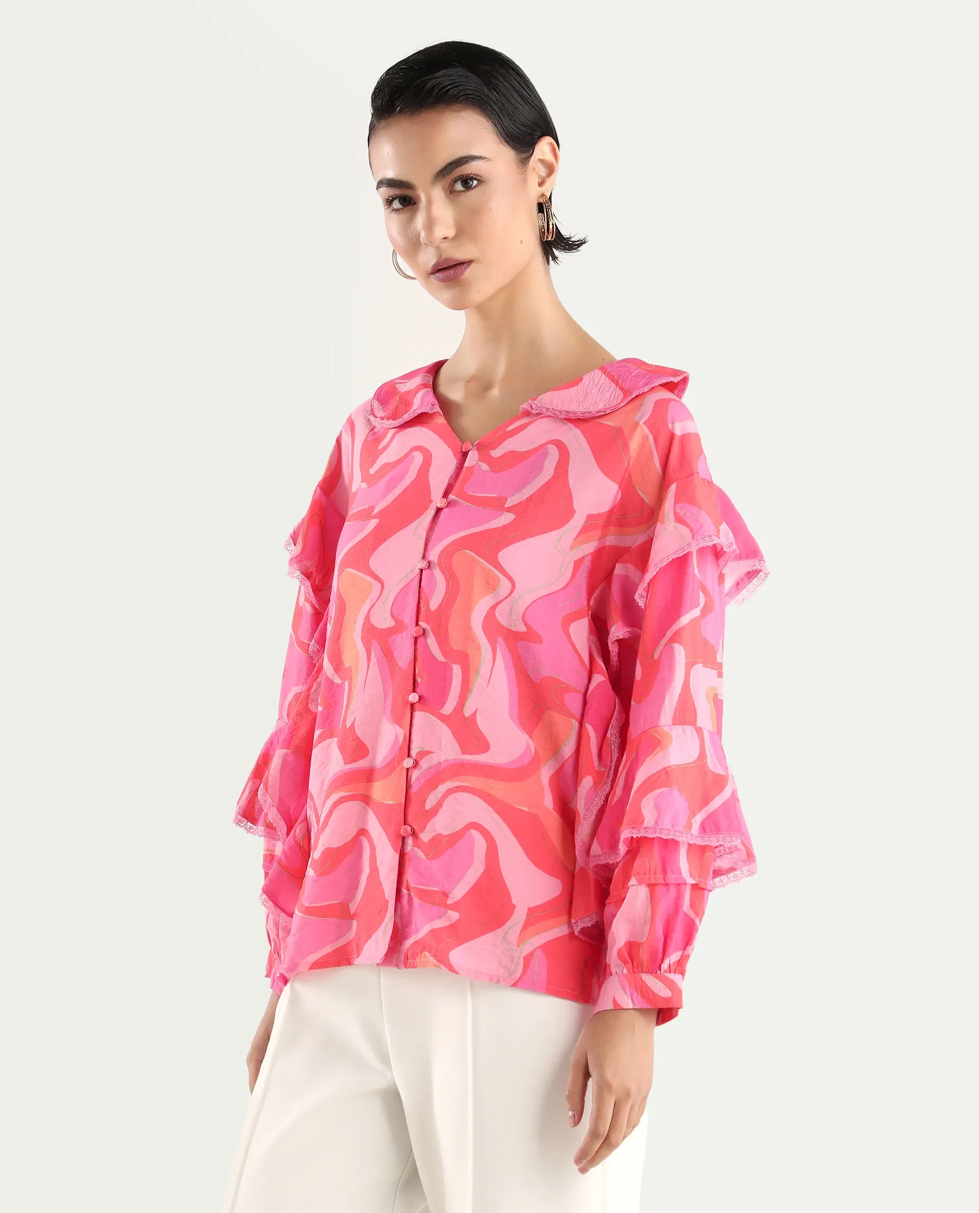 Rareism Women's Ivan Multi Viscose Blend Peter Pan Collar Abstract Print Bishop Sleeve Regular Fit Top - Image 6