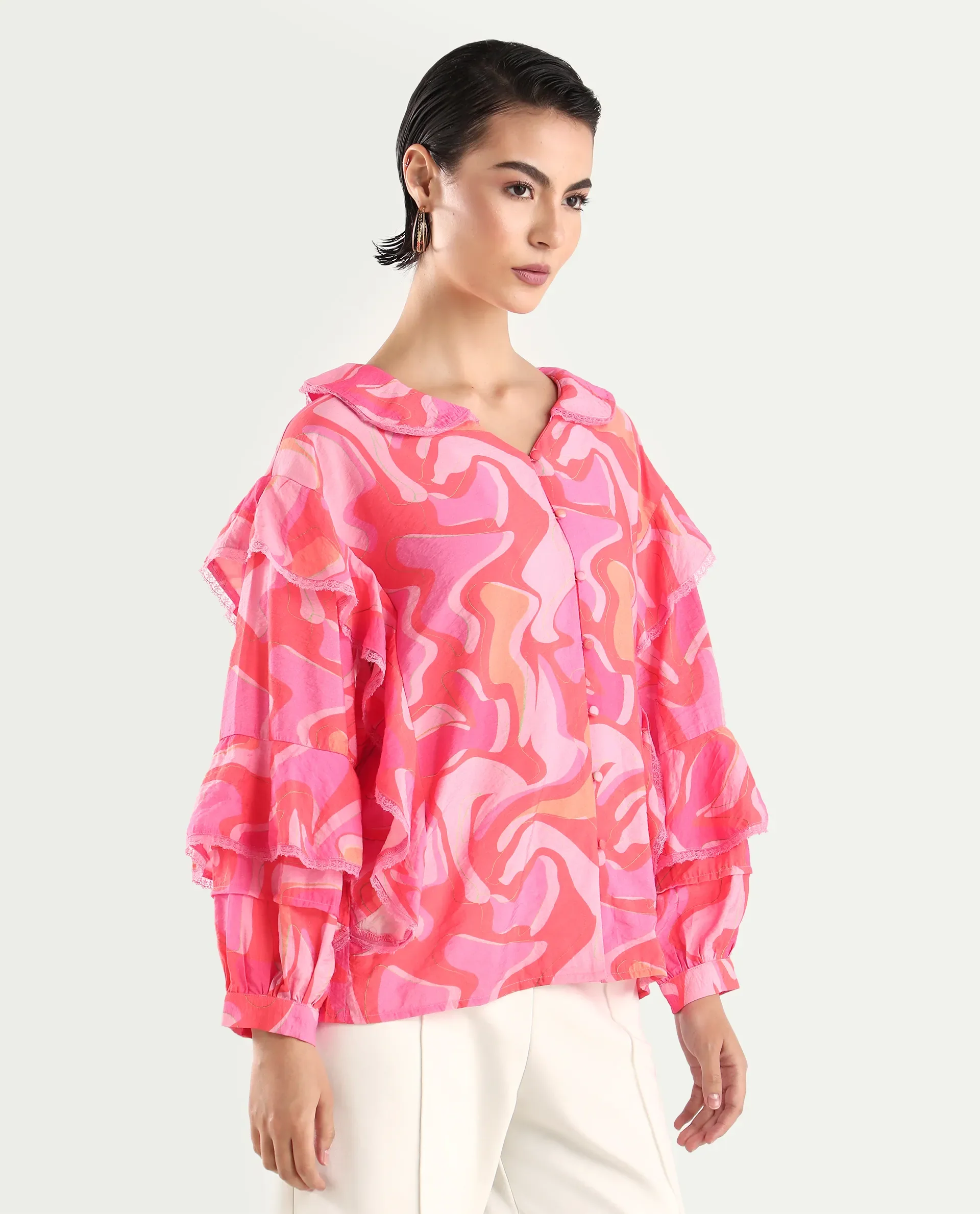 Rareism Women's Ivan Multi Viscose Blend Peter Pan Collar Abstract Print Bishop Sleeve Regular Fit Top - Image 7
