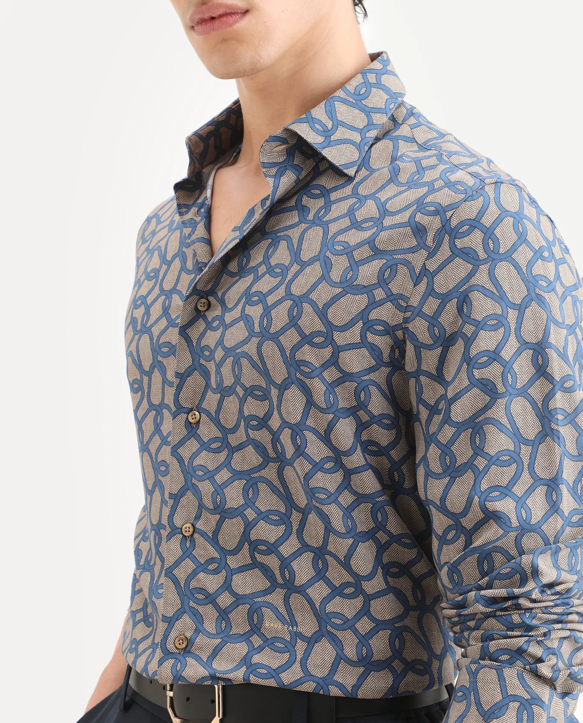 Rare Rabbit Men's Ivek Dusky Beige Viscose Fabric Full Sleeve Spread Collar Regular Fit Geometric Print Shirt - Image 3