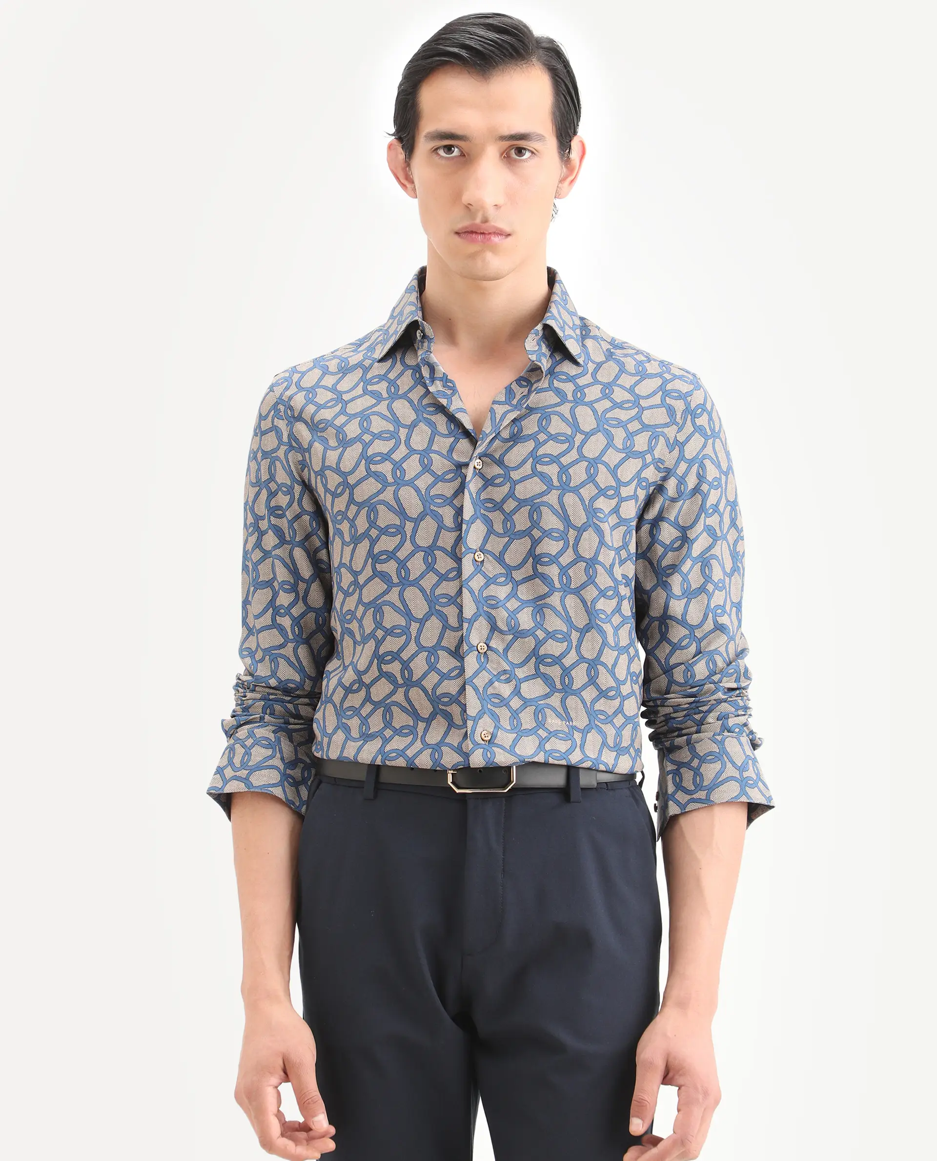 Rare Rabbit Men's Ivek Dusky Beige Viscose Fabric Full Sleeve Spread Collar Regular Fit Geometric Print Shirt - Image 4