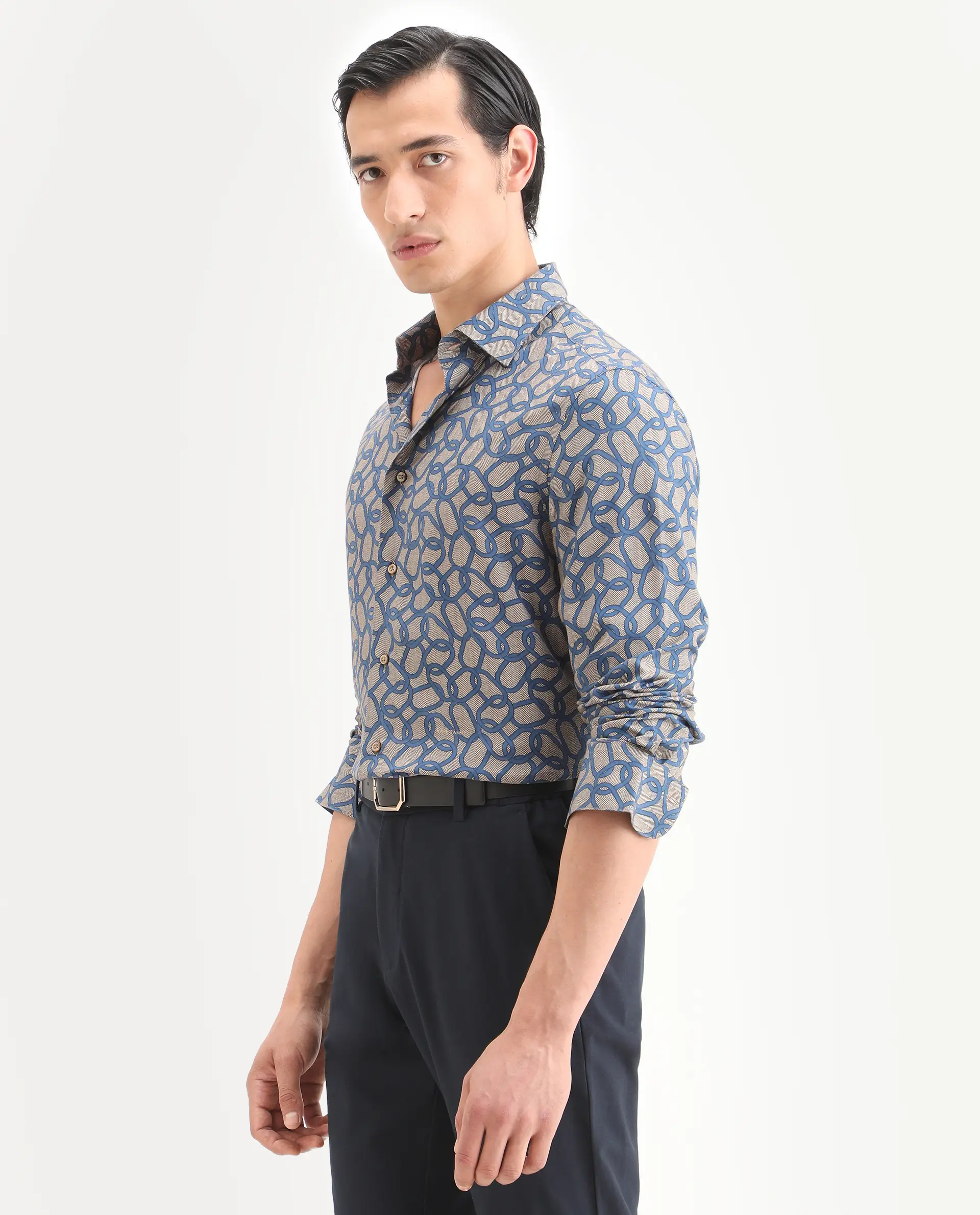 Rare Rabbit Men's Ivek Dusky Beige Viscose Fabric Full Sleeve Spread Collar Regular Fit Geometric Print Shirt - Image 5