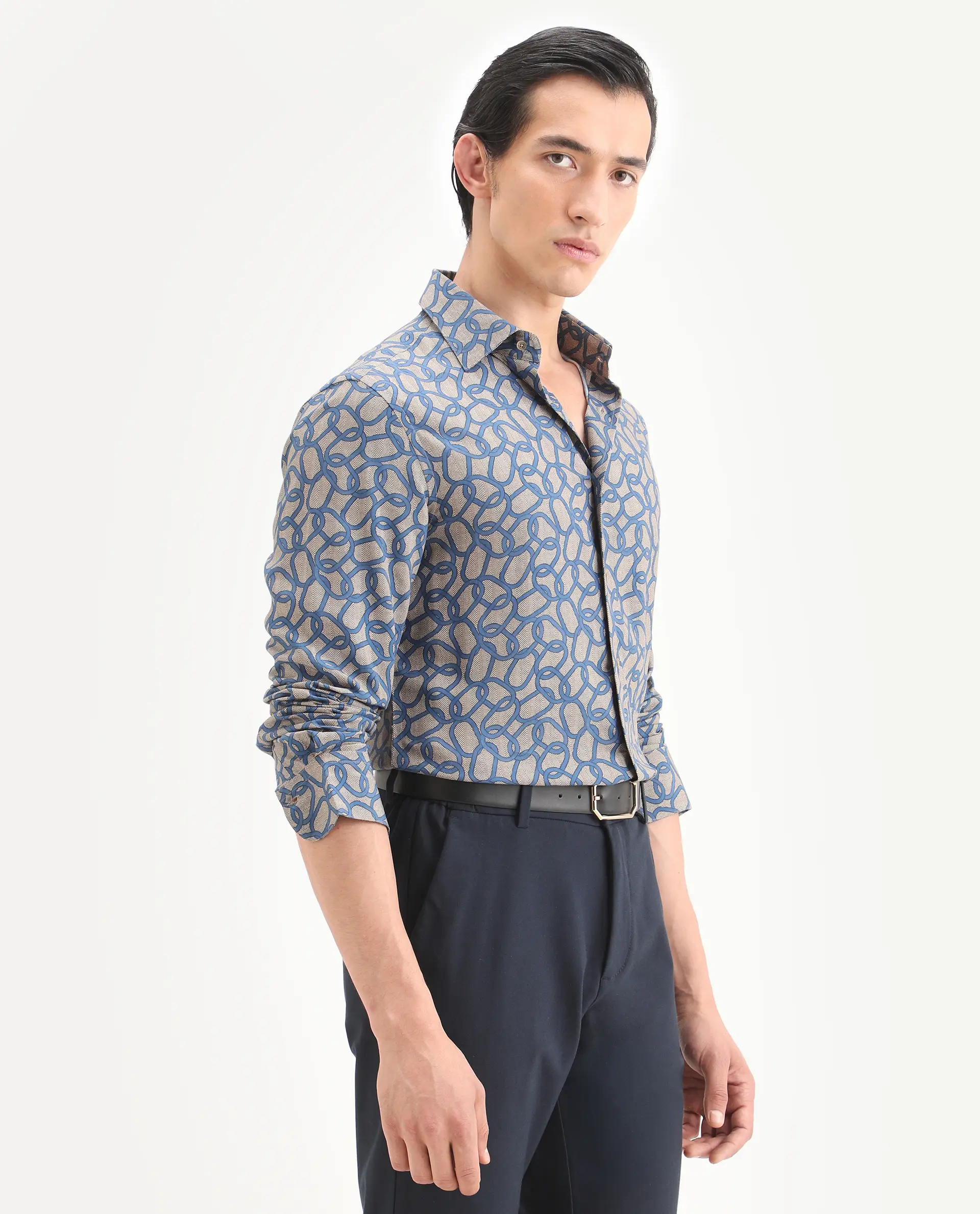 Rare Rabbit Men's Ivek Dusky Beige Viscose Fabric Full Sleeve Spread Collar Regular Fit Geometric Print Shirt - Image 6