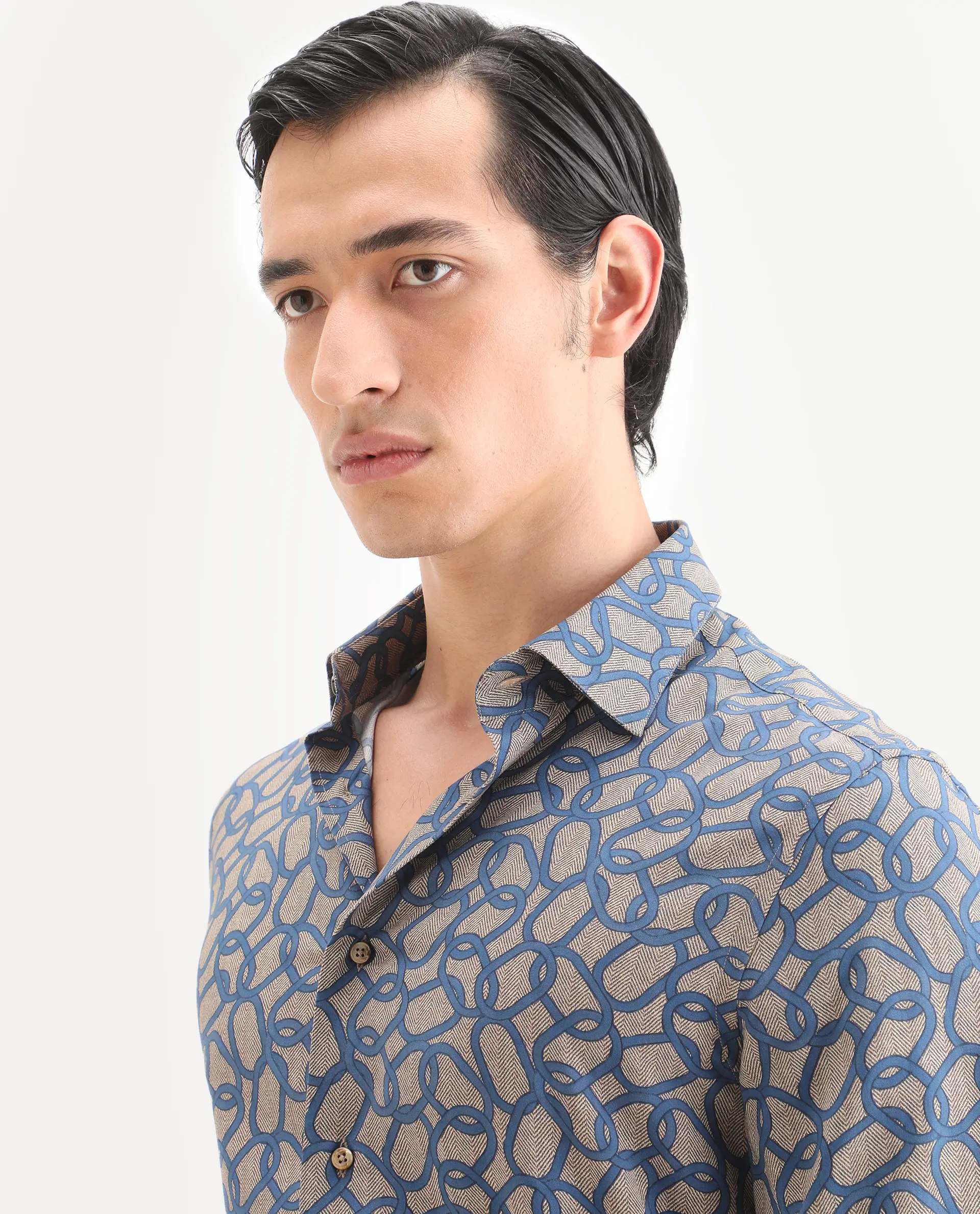 Rare Rabbit Men's Ivek Dusky Beige Viscose Fabric Full Sleeve Spread Collar Regular Fit Geometric Print Shirt - Image 7