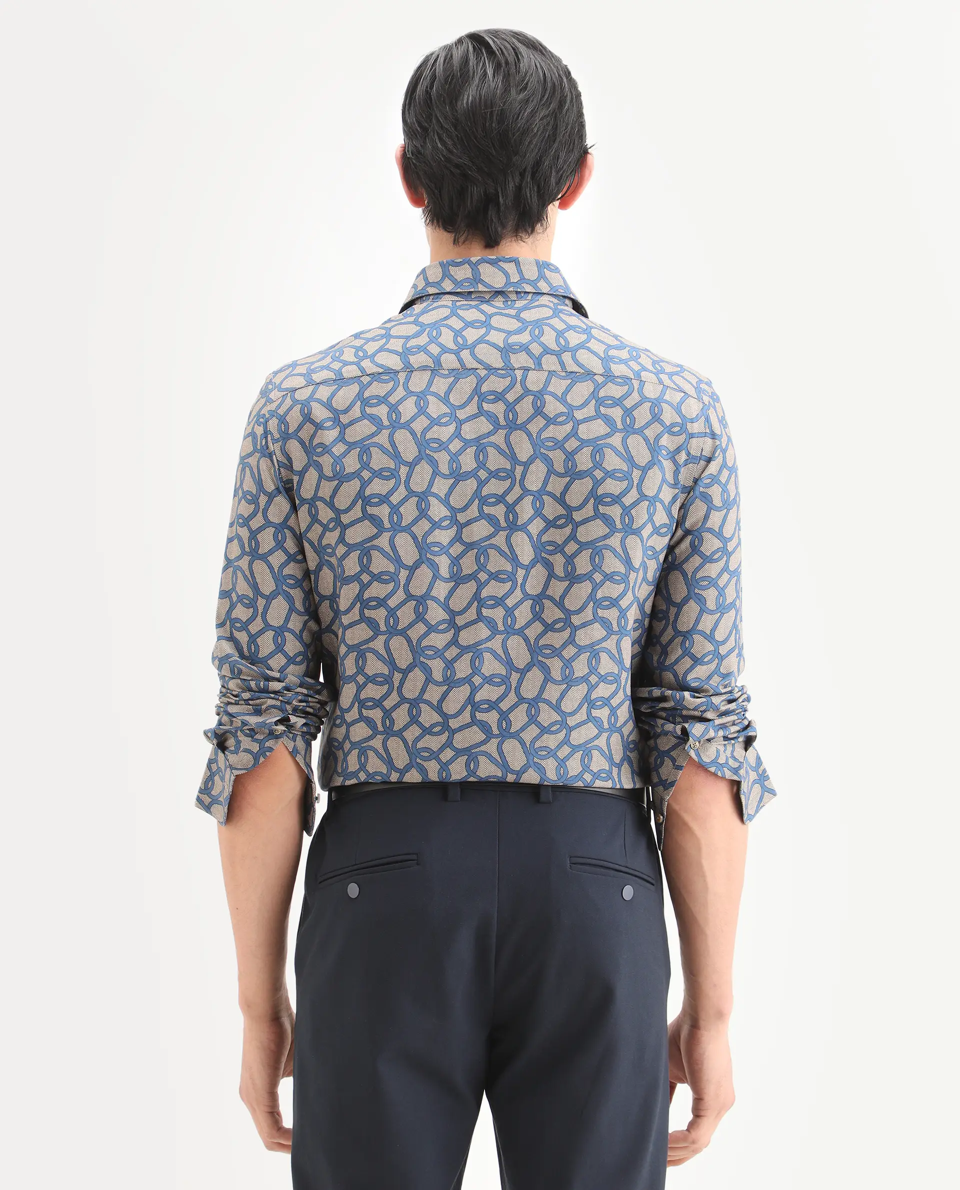 Rare Rabbit Men's Ivek Dusky Beige Viscose Fabric Full Sleeve Spread Collar Regular Fit Geometric Print Shirt - Image 8