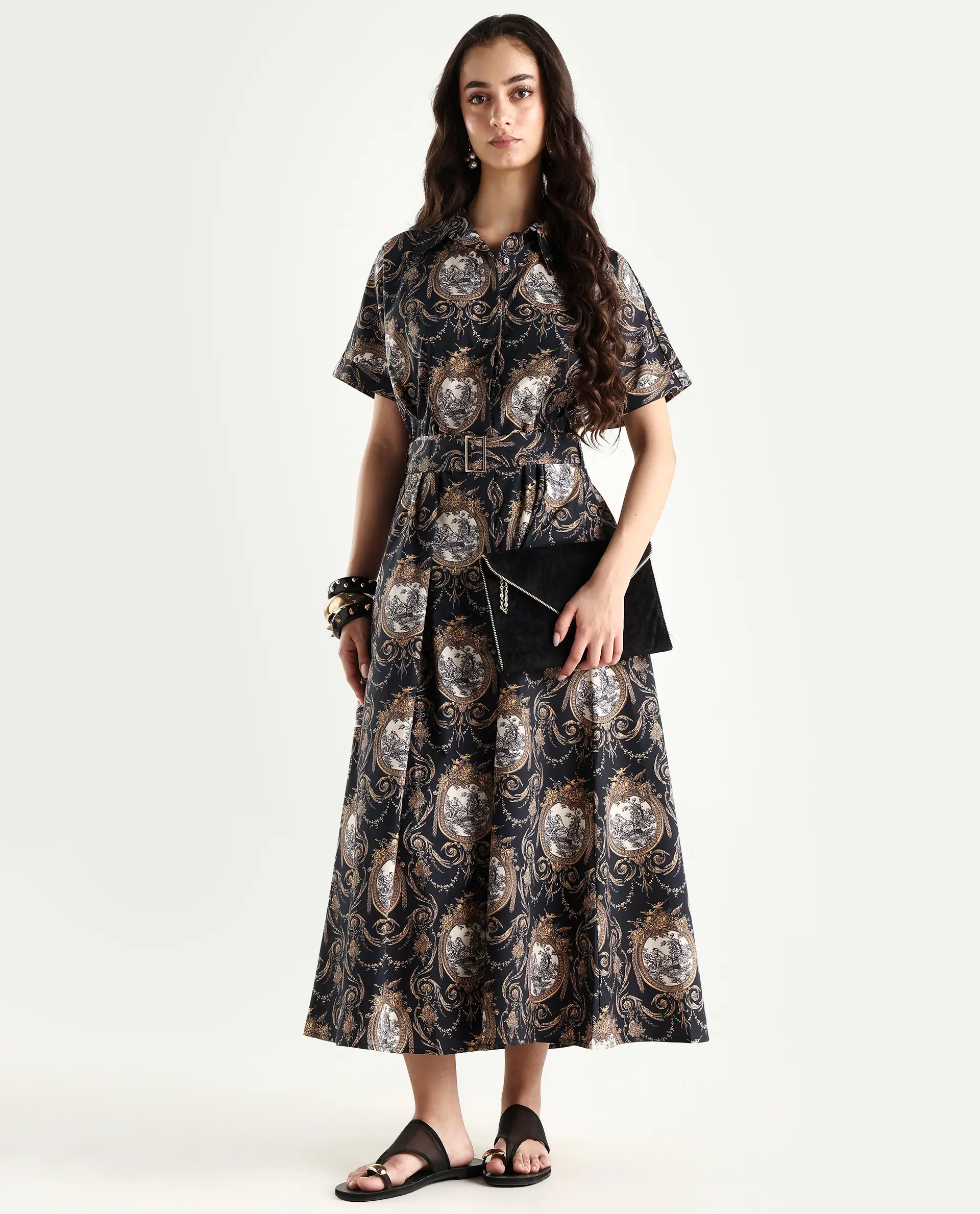 Rareism Women's Ivnat Black Cotton Drop Collar Ornamental Print Maxi Fit And Flare Dress - Image 2