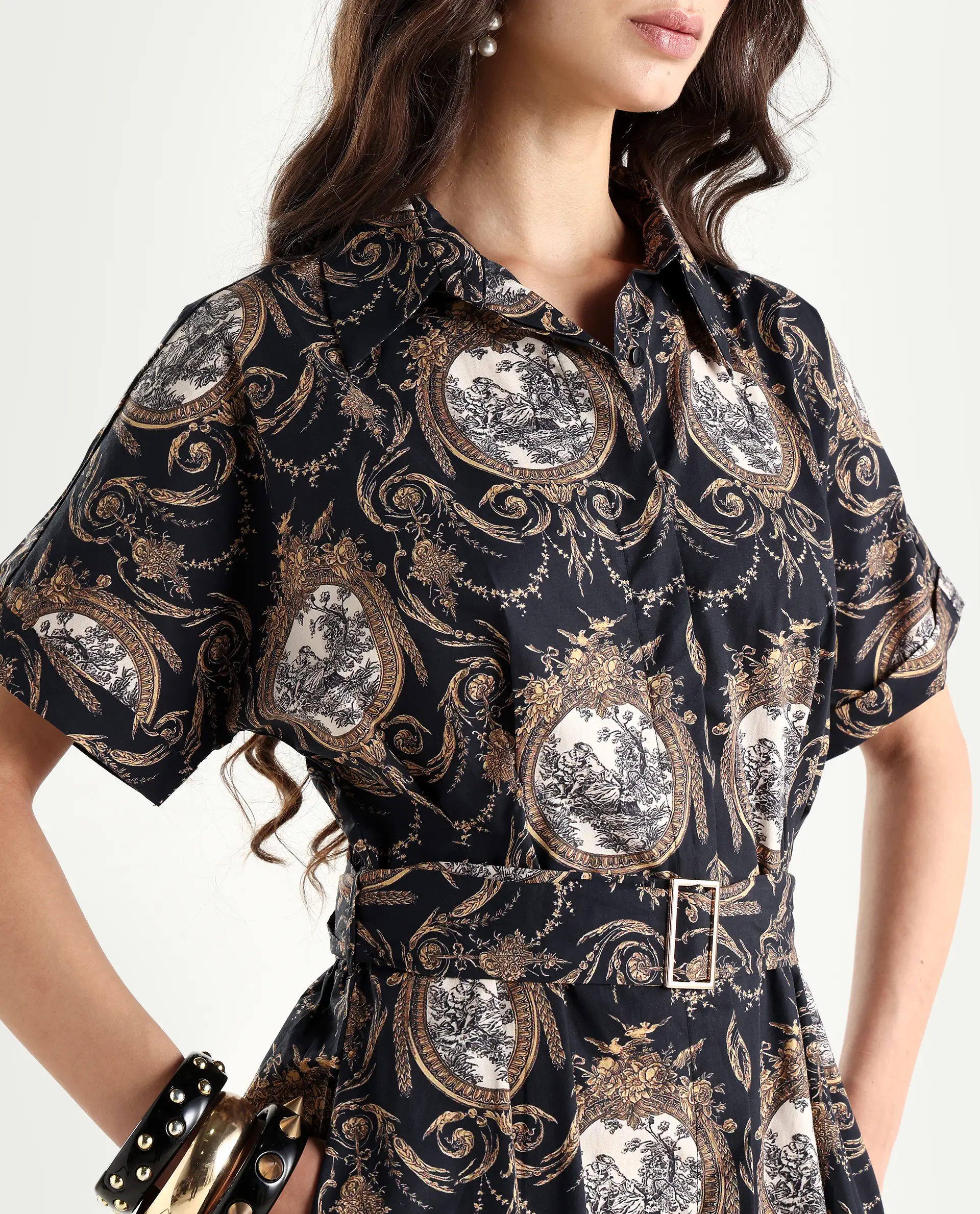 Rareism Women's Ivnat Black Cotton Drop Collar Ornamental Print Maxi Fit And Flare Dress - Image 3
