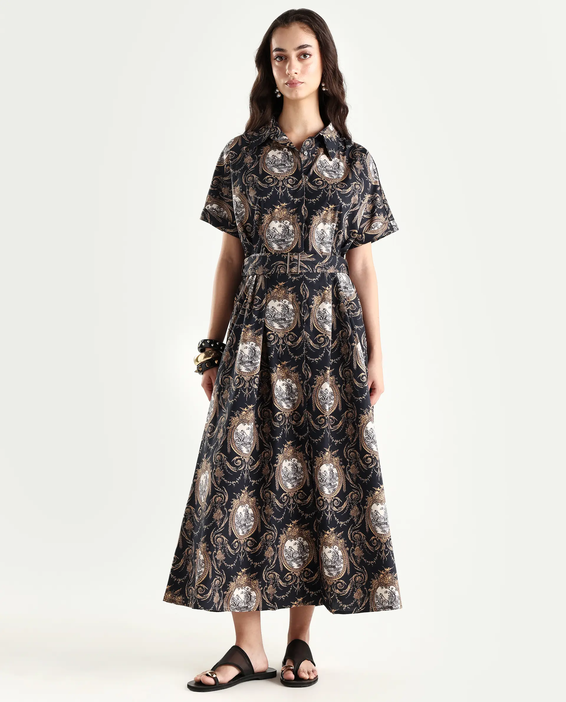 Rareism Women's Ivnat Black Cotton Drop Collar Ornamental Print Maxi Fit And Flare Dress - Image 4