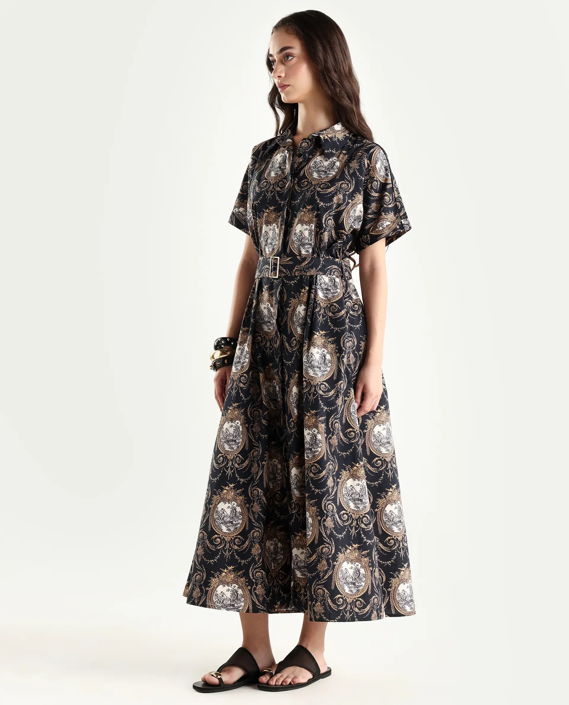 Rareism Women's Ivnat Black Cotton Drop Collar Ornamental Print Maxi Fit And Flare Dress - Image 5