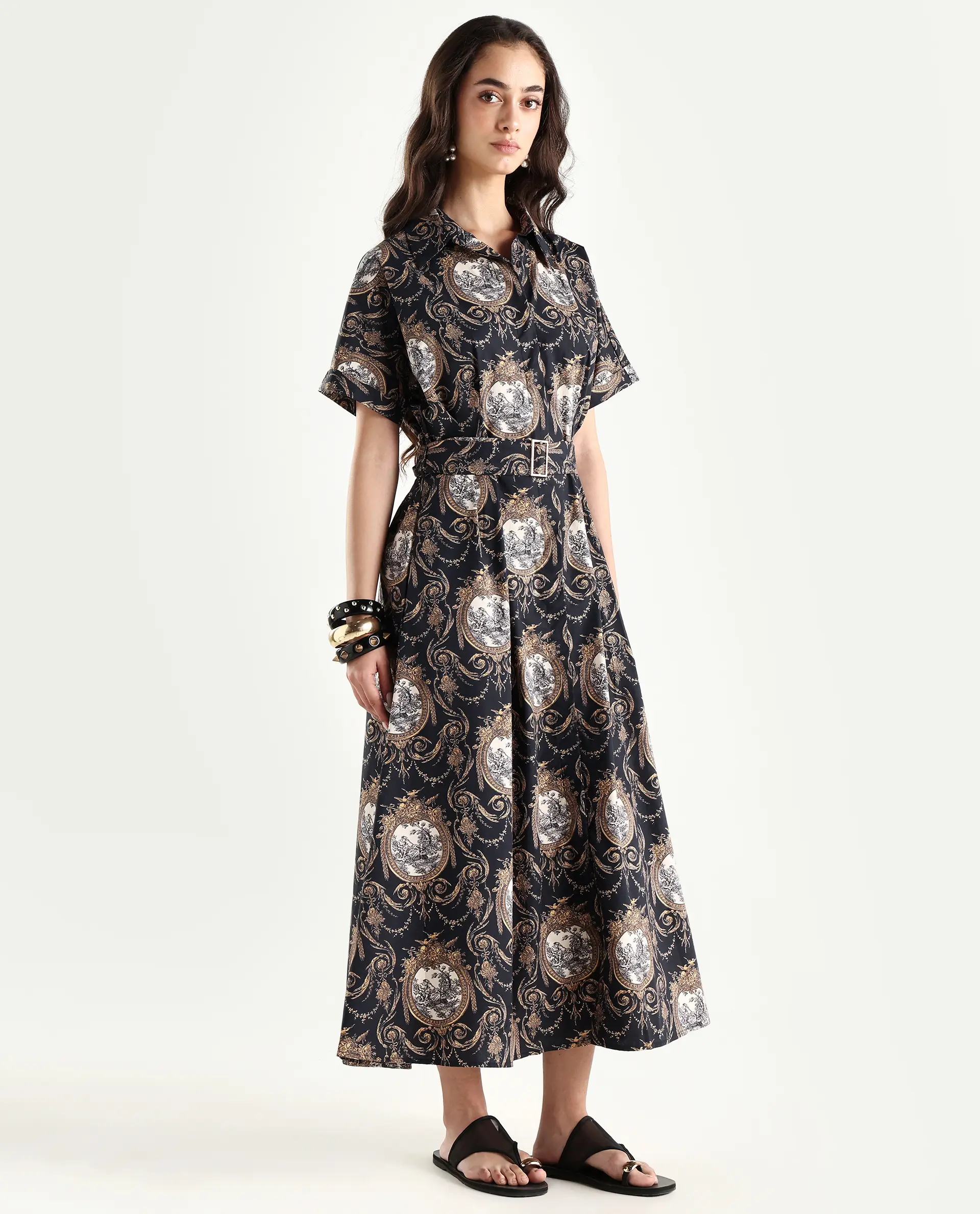 Rareism Women's Ivnat Black Cotton Drop Collar Ornamental Print Maxi Fit And Flare Dress - Image 6