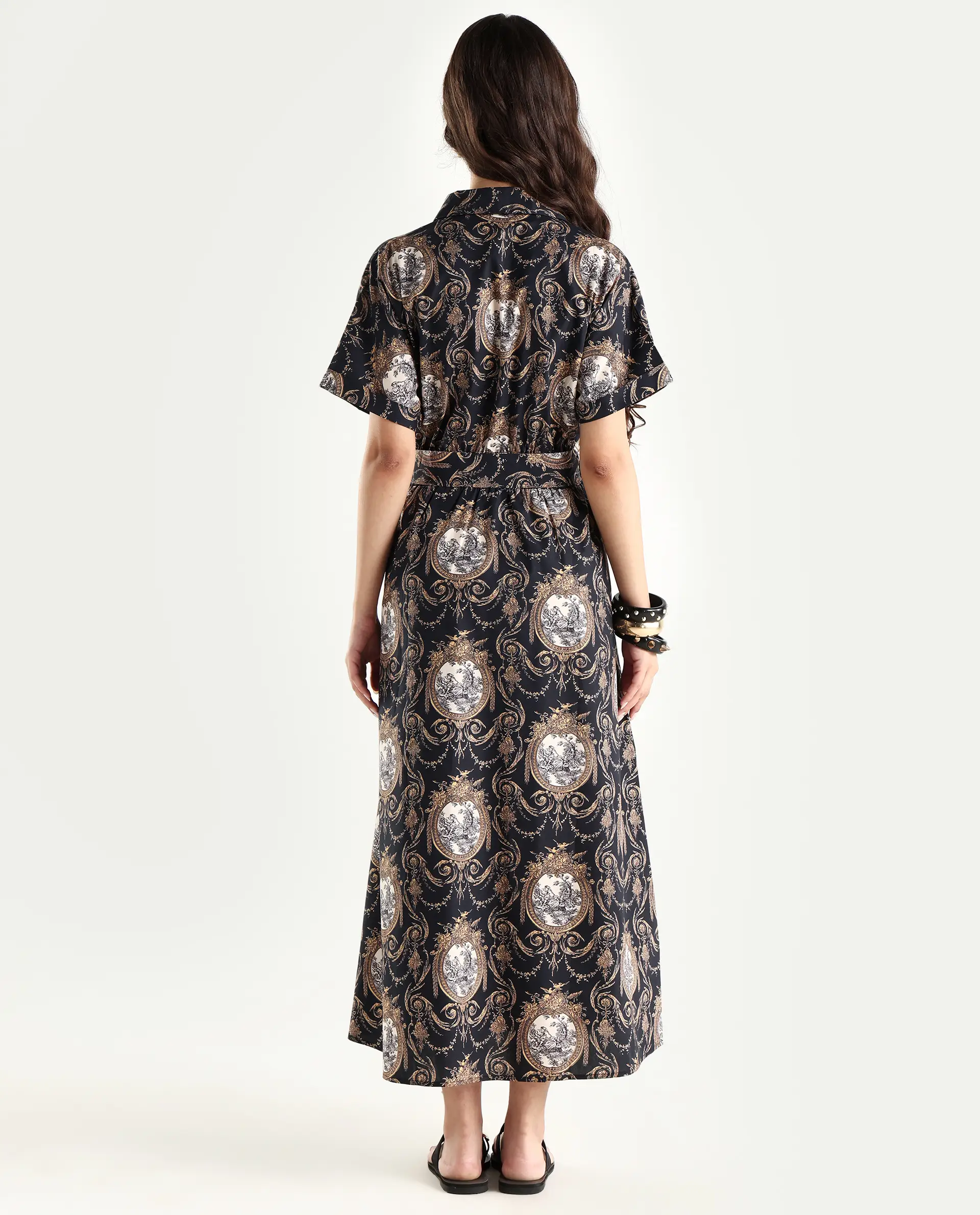 Rareism Women's Ivnat Black Cotton Drop Collar Ornamental Print Maxi Fit And Flare Dress - Image 7
