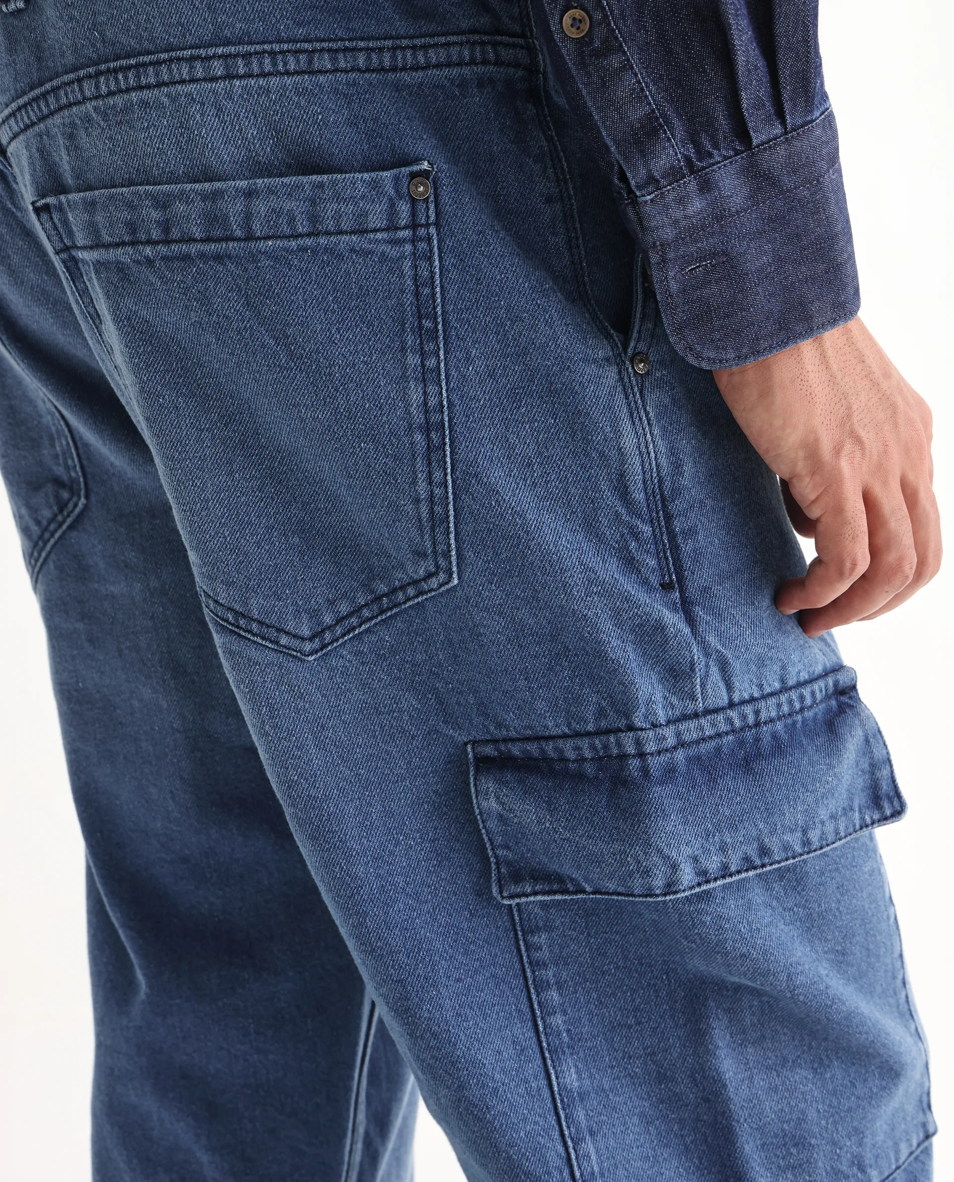 Rare Rabbit Men's Ivo Blue Cotton Plain Baggy Fit Jeans - Image 6