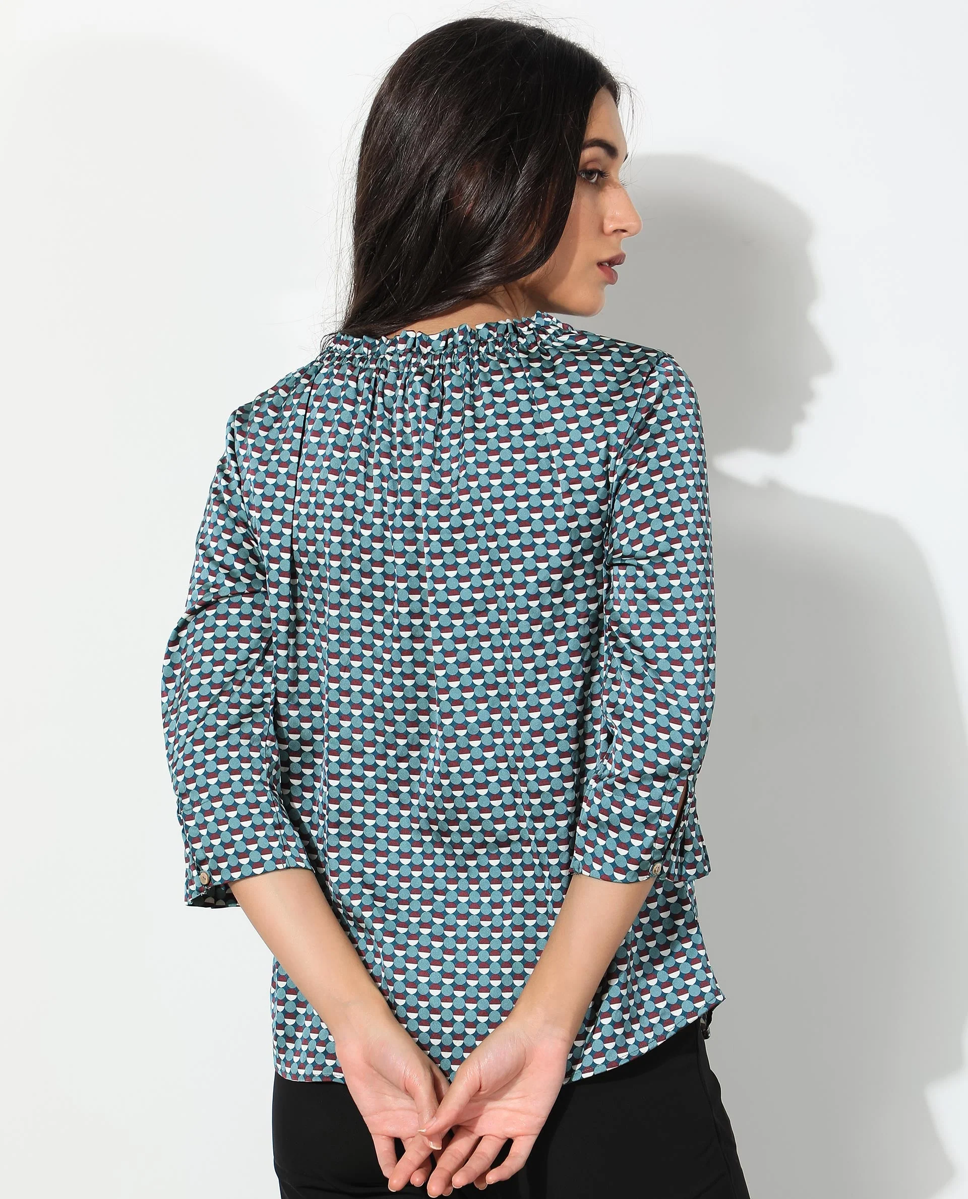 Rareism Women's Ivy Multi Polyester Sweetheart Neck Geometric Print Puff Sleeves Regular Fit Top - Image 10