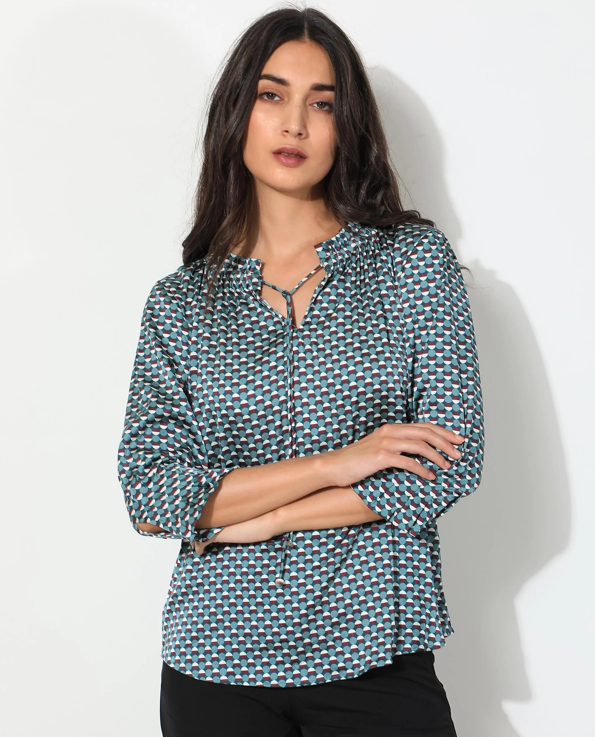 Rareism Women's Ivy Multi Polyester Sweetheart Neck Geometric Print Puff Sleeves Regular Fit Top - Image 4
