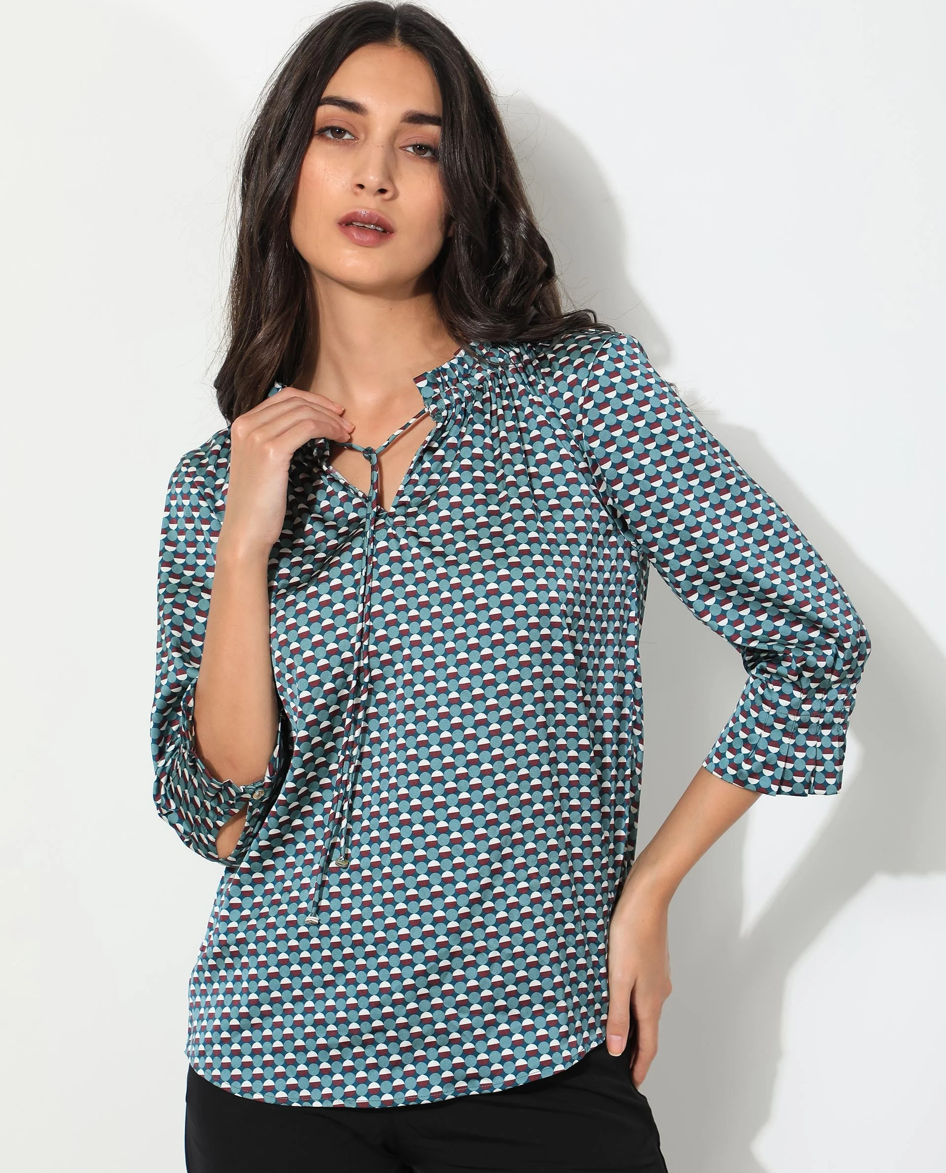 Rareism Women's Ivy Multi Polyester Sweetheart Neck Geometric Print Puff Sleeves Regular Fit Top - Image 5