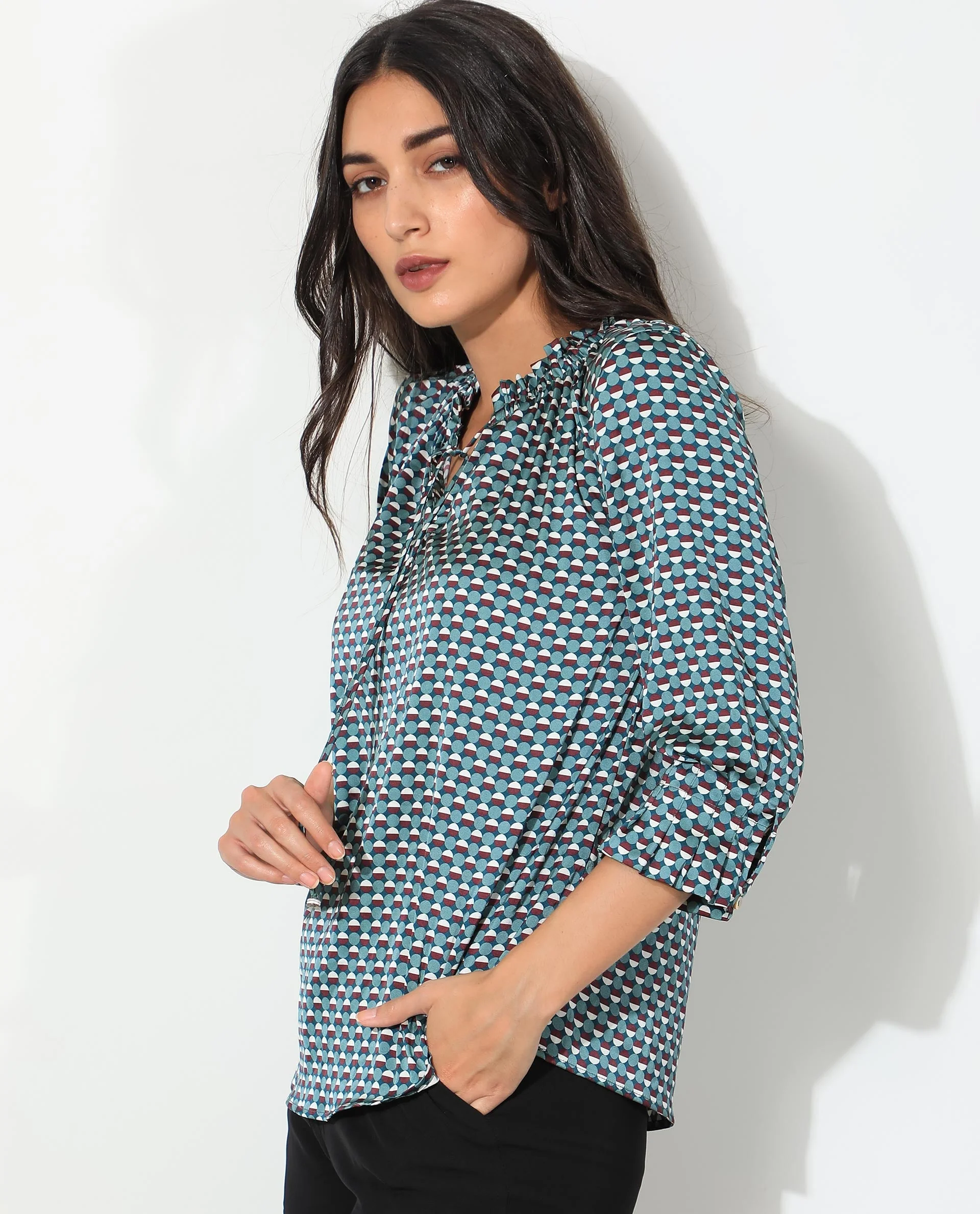 Rareism Women's Ivy Multi Polyester Sweetheart Neck Geometric Print Puff Sleeves Regular Fit Top - Image 6