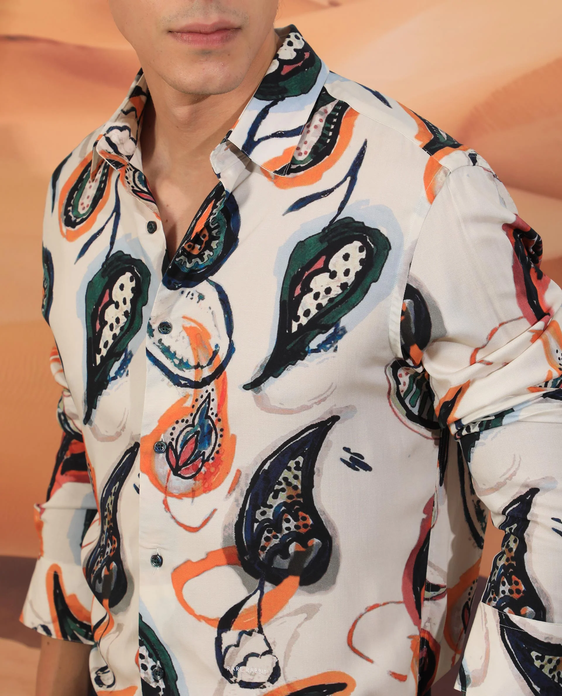 Rare Rabbit Men's Ivys Ls Beige Viscose Paisley Print Regular Fit Full Sleeve Collared Shirt - Image 2