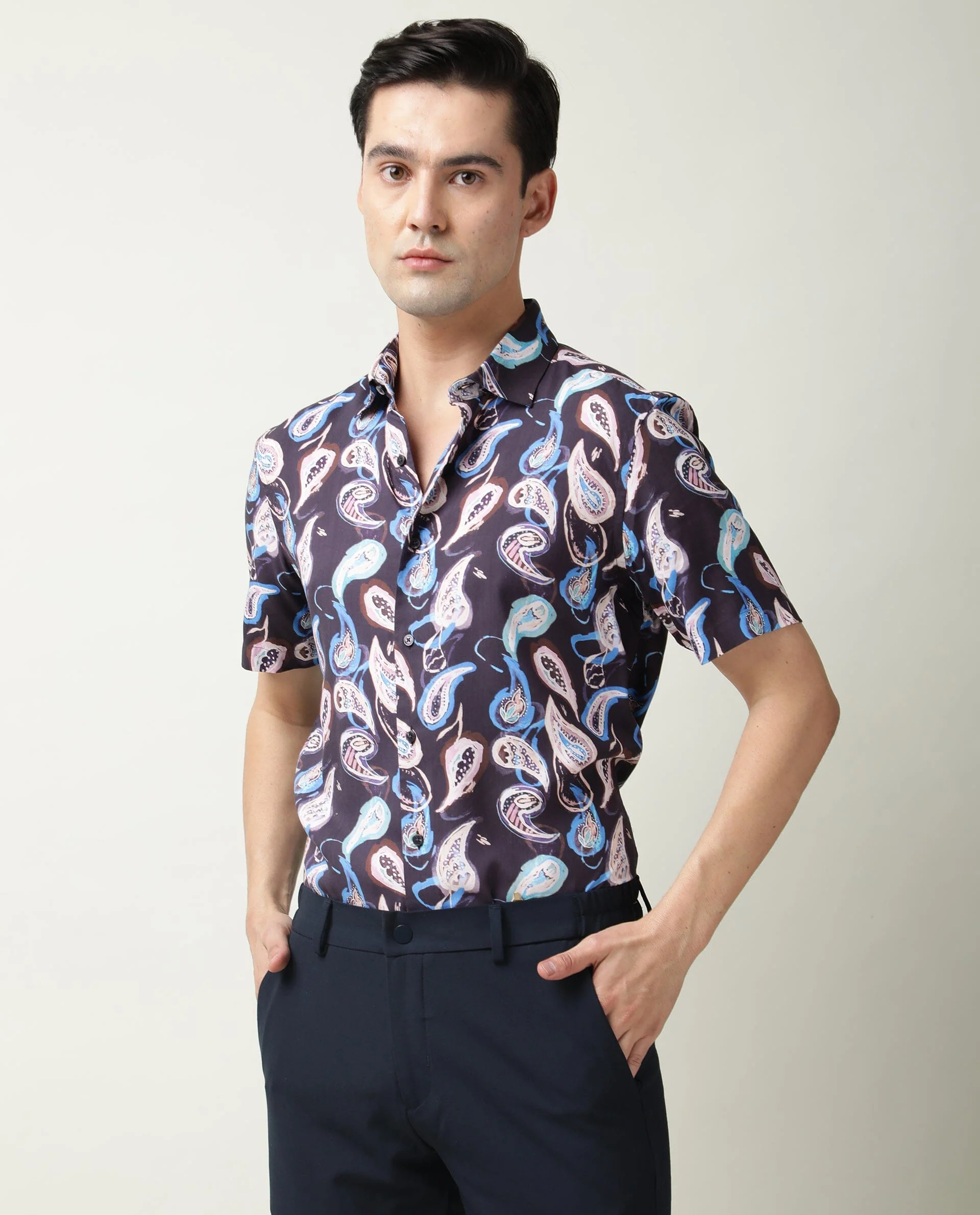 Rare Rabbit Men's Ivy Ss Navy Viscose Paisley Print Regular Fit Half Sleeve Collared Shirt