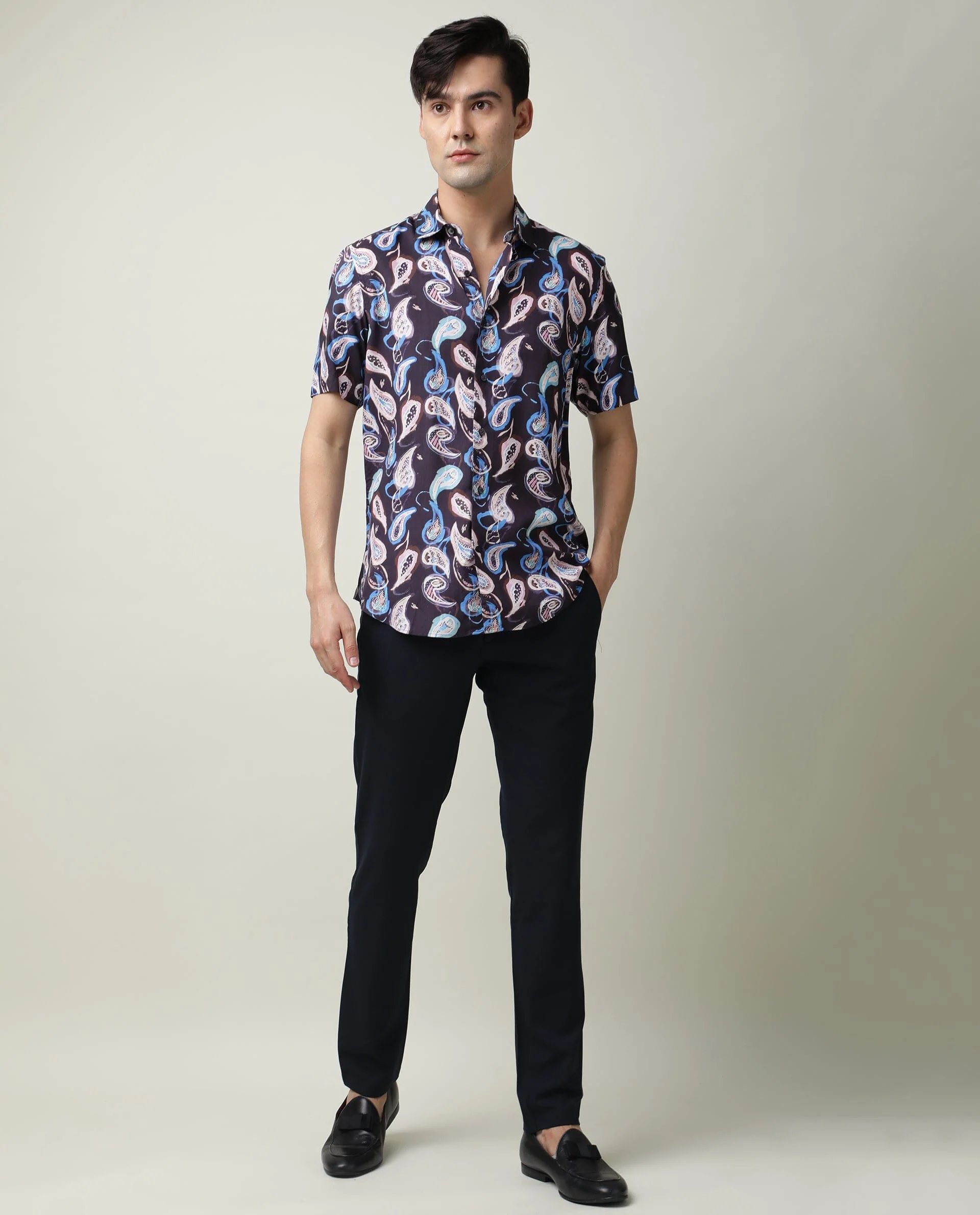 Rare Rabbit Men's Ivy Ss Navy Viscose Paisley Print Regular Fit Half Sleeve Collared Shirt - Image 2