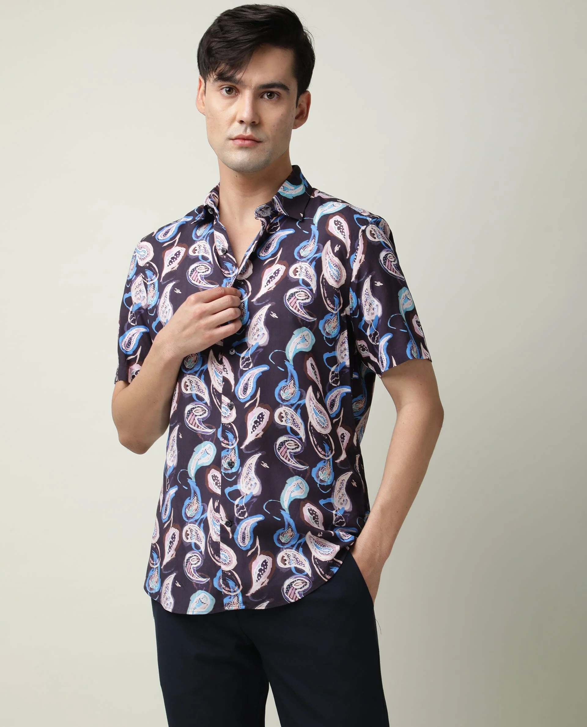 Rare Rabbit Men's Ivy Ss Navy Viscose Paisley Print Regular Fit Half Sleeve Collared Shirt - Image 3