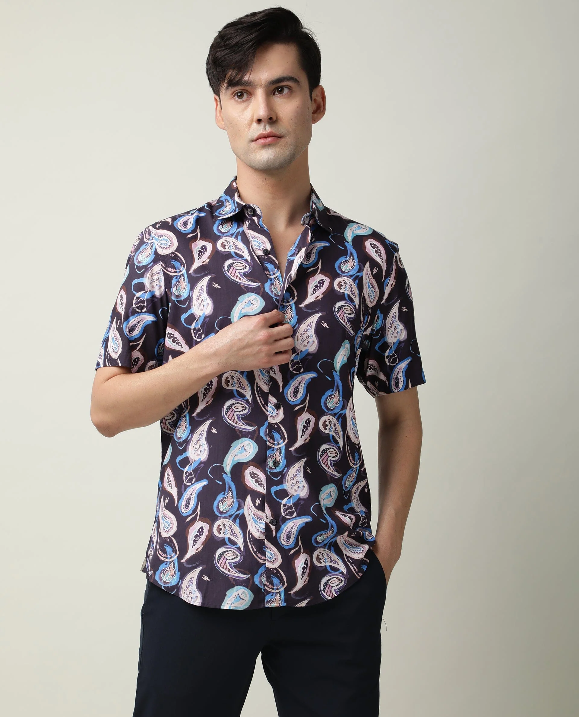 Rare Rabbit Men's Ivy Ss Navy Viscose Paisley Print Regular Fit Half Sleeve Collared Shirt - Image 4