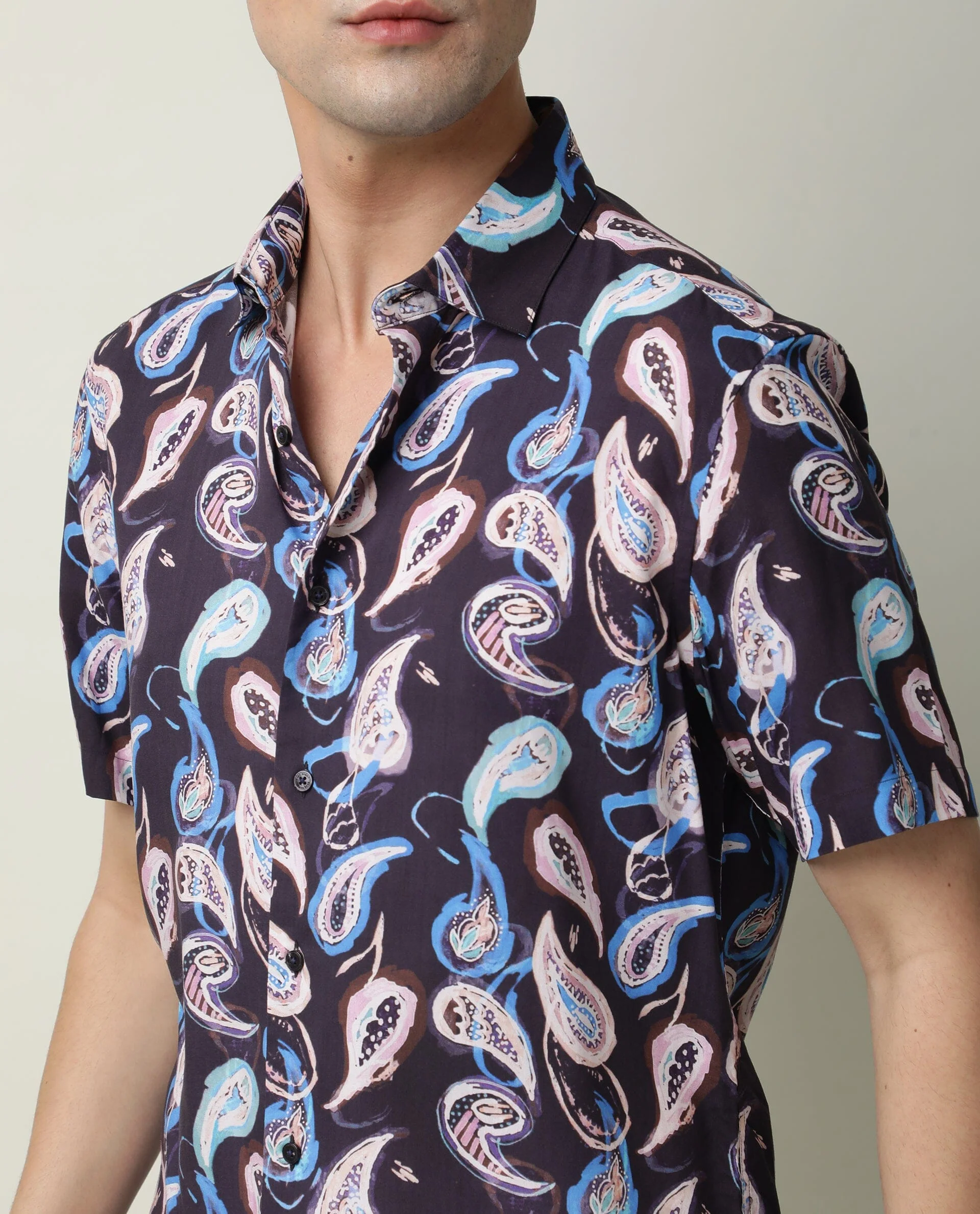 Rare Rabbit Men's Ivy Ss Navy Viscose Paisley Print Regular Fit Half Sleeve Collared Shirt - Image 5