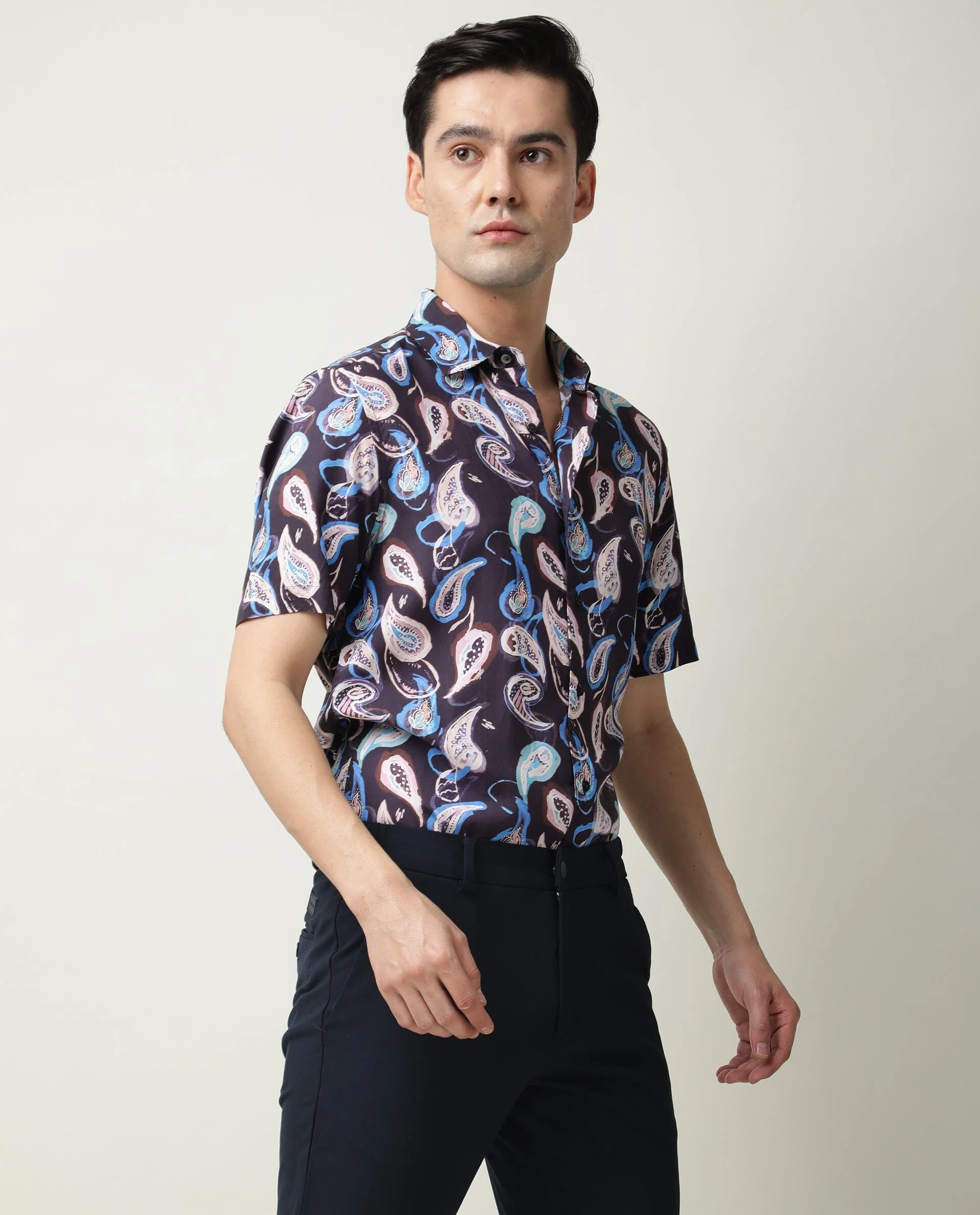 Rare Rabbit Men's Ivy Ss Navy Viscose Paisley Print Regular Fit Half Sleeve Collared Shirt - Image 6