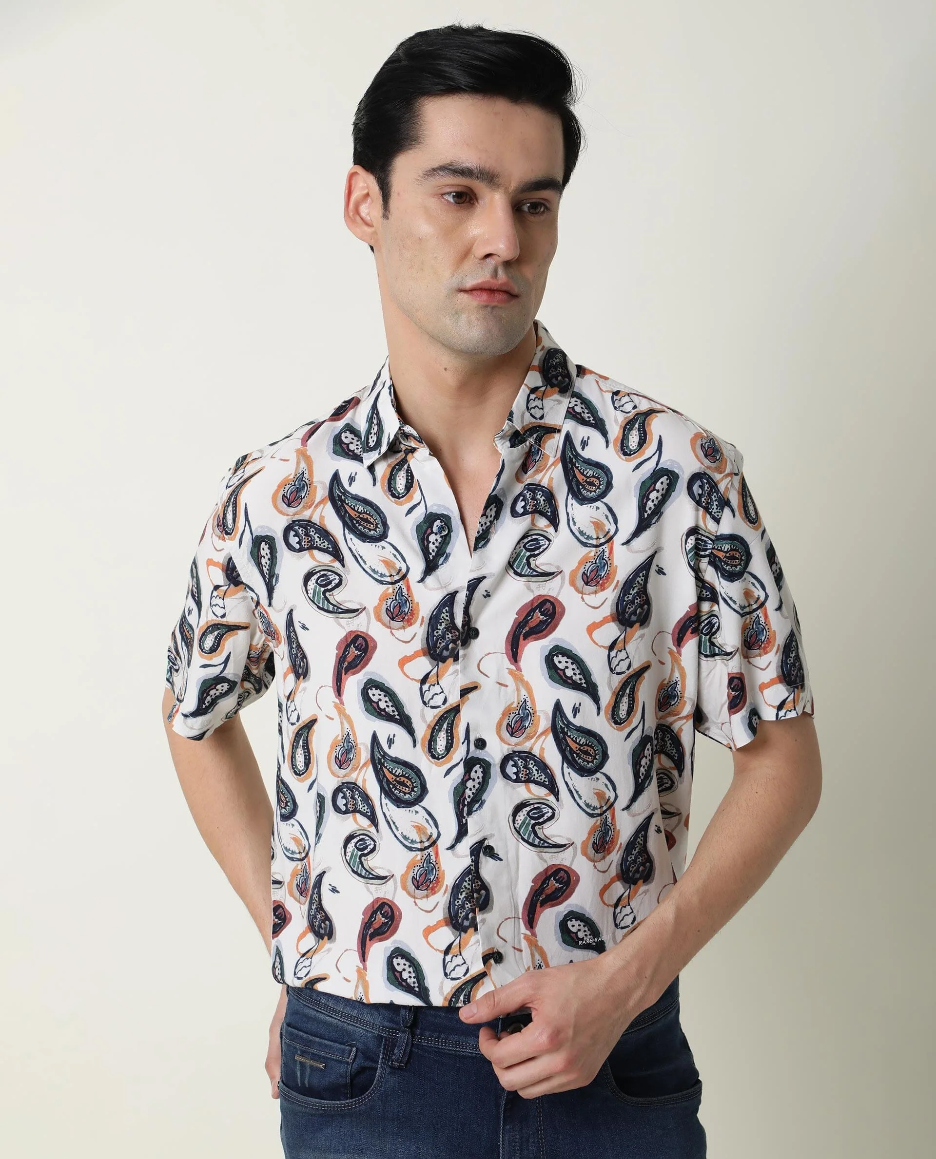 Rare Rabbit Men's Ivys Ss Beige Viscose Printed Regular Fit Half Sleeve Collared Shirt - Image 4