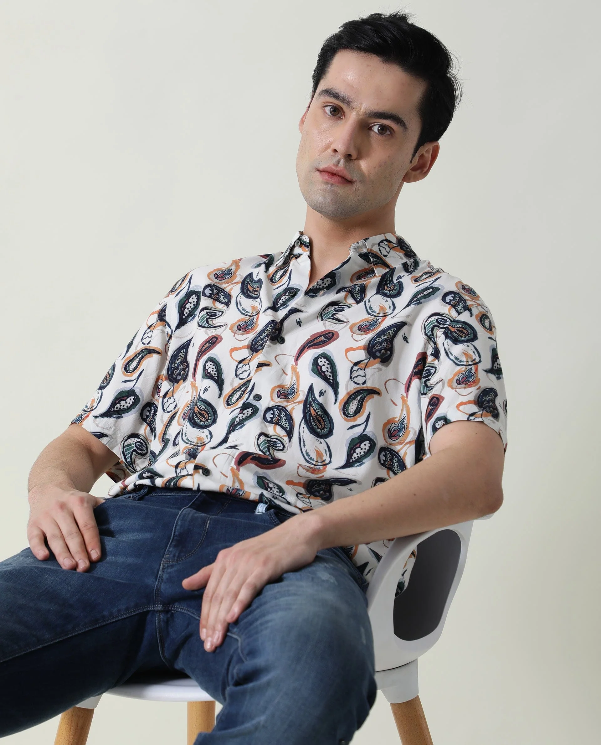 Rare Rabbit Men's Ivys Ss Beige Viscose Printed Regular Fit Half Sleeve Collared Shirt - Image 6