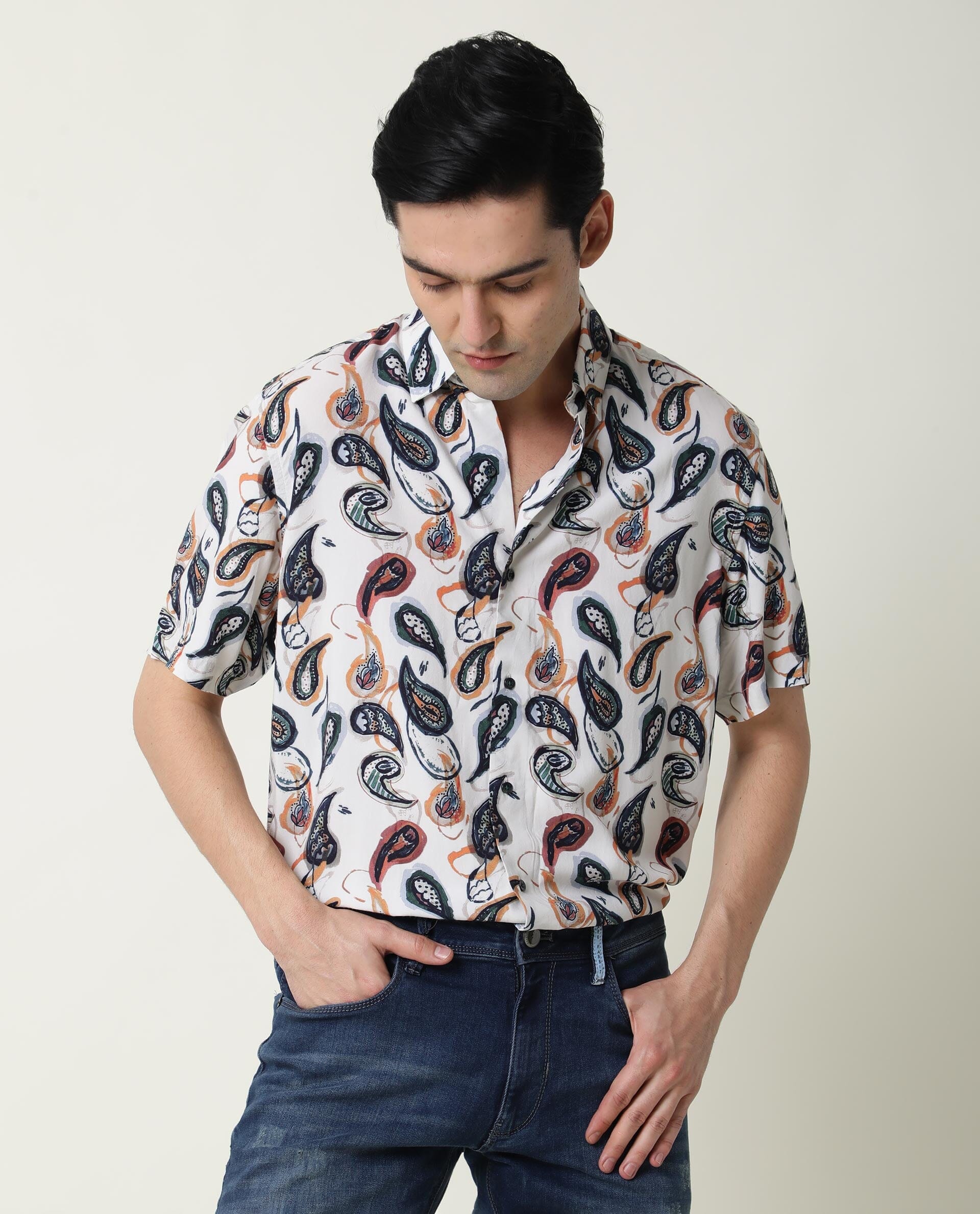Rare Rabbit Men's Ivys Ss Beige Viscose Printed Regular Fit Half Sleeve Collared Shirt - Image 7