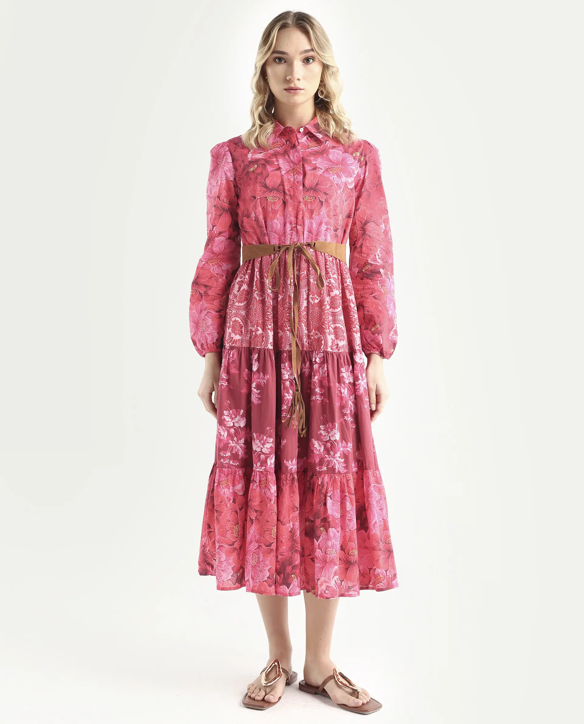 Rareism Women's Ixora Maroon Cotton Spread Collar Floral Print Knee Length Regular Fit Dress - Image 4