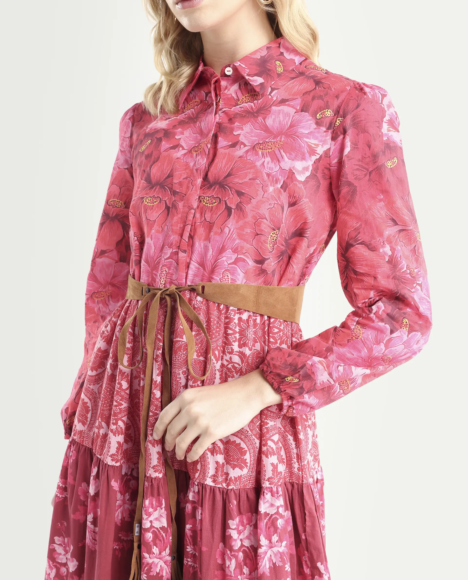 Rareism Women's Ixora Maroon Cotton Spread Collar Floral Print Knee Length Regular Fit Dress - Image 5