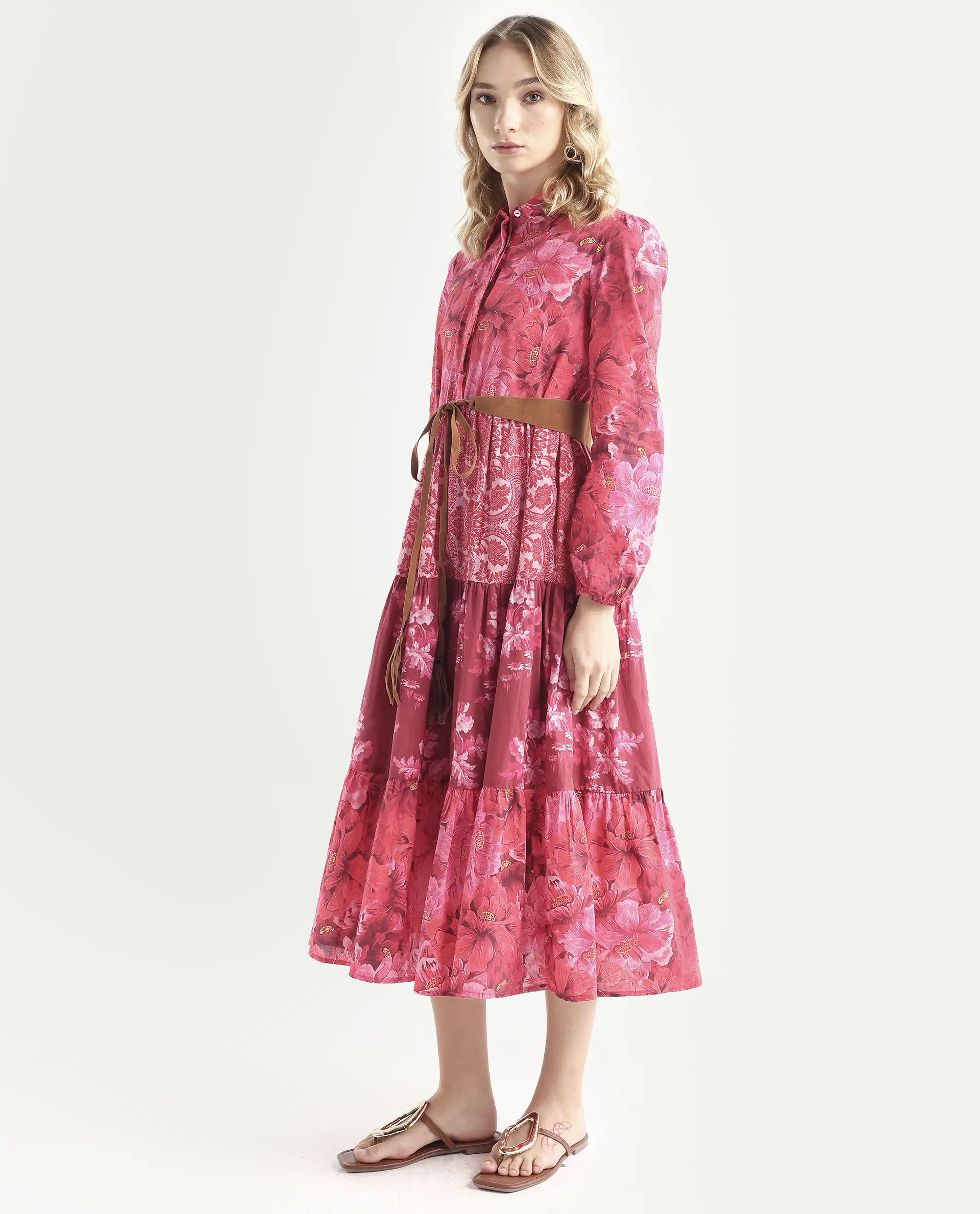 Rareism Women's Ixora Maroon Cotton Spread Collar Floral Print Knee Length Regular Fit Dress - Image 6
