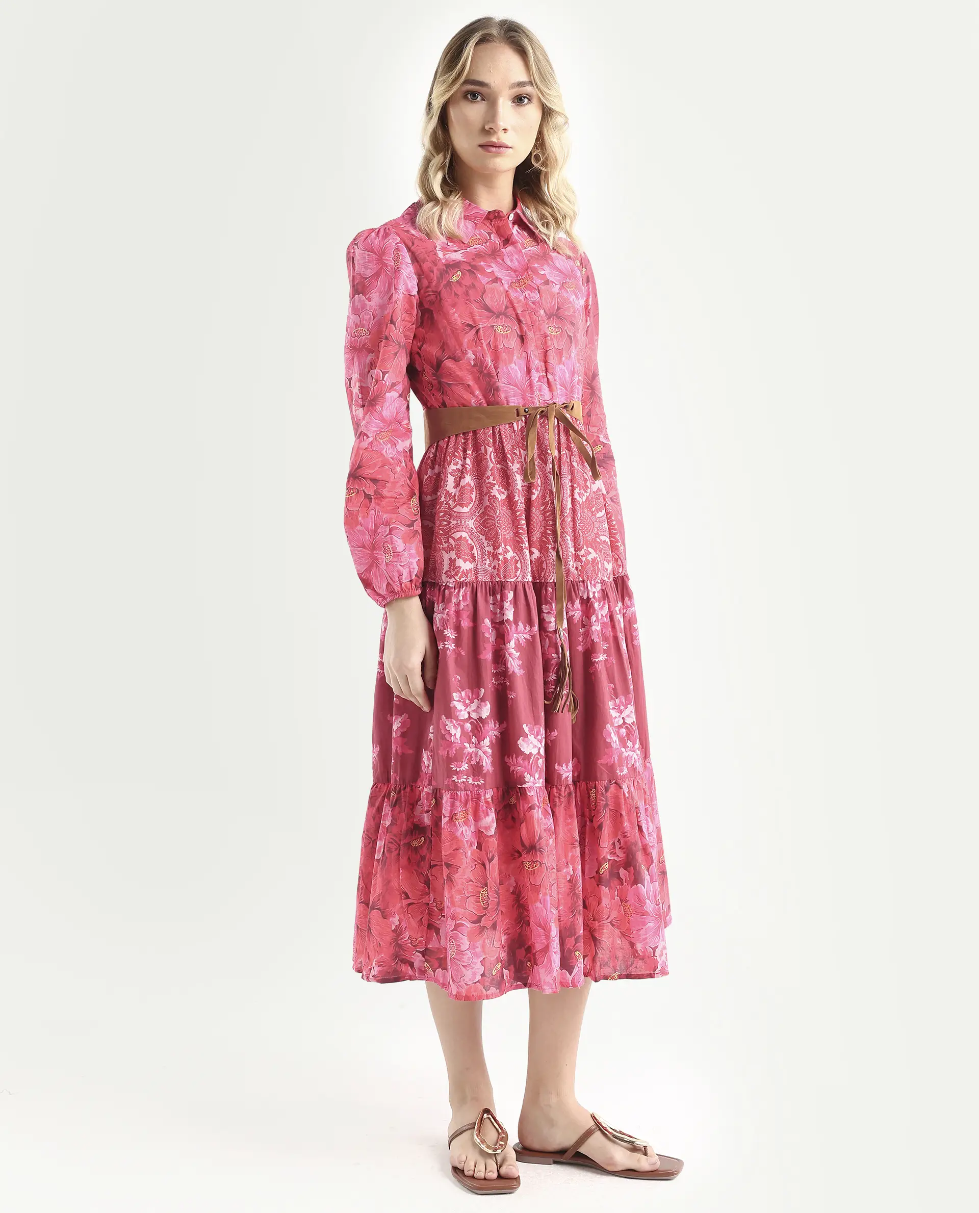 Rareism Women's Ixora Maroon Cotton Spread Collar Floral Print Knee Length Regular Fit Dress - Image 7