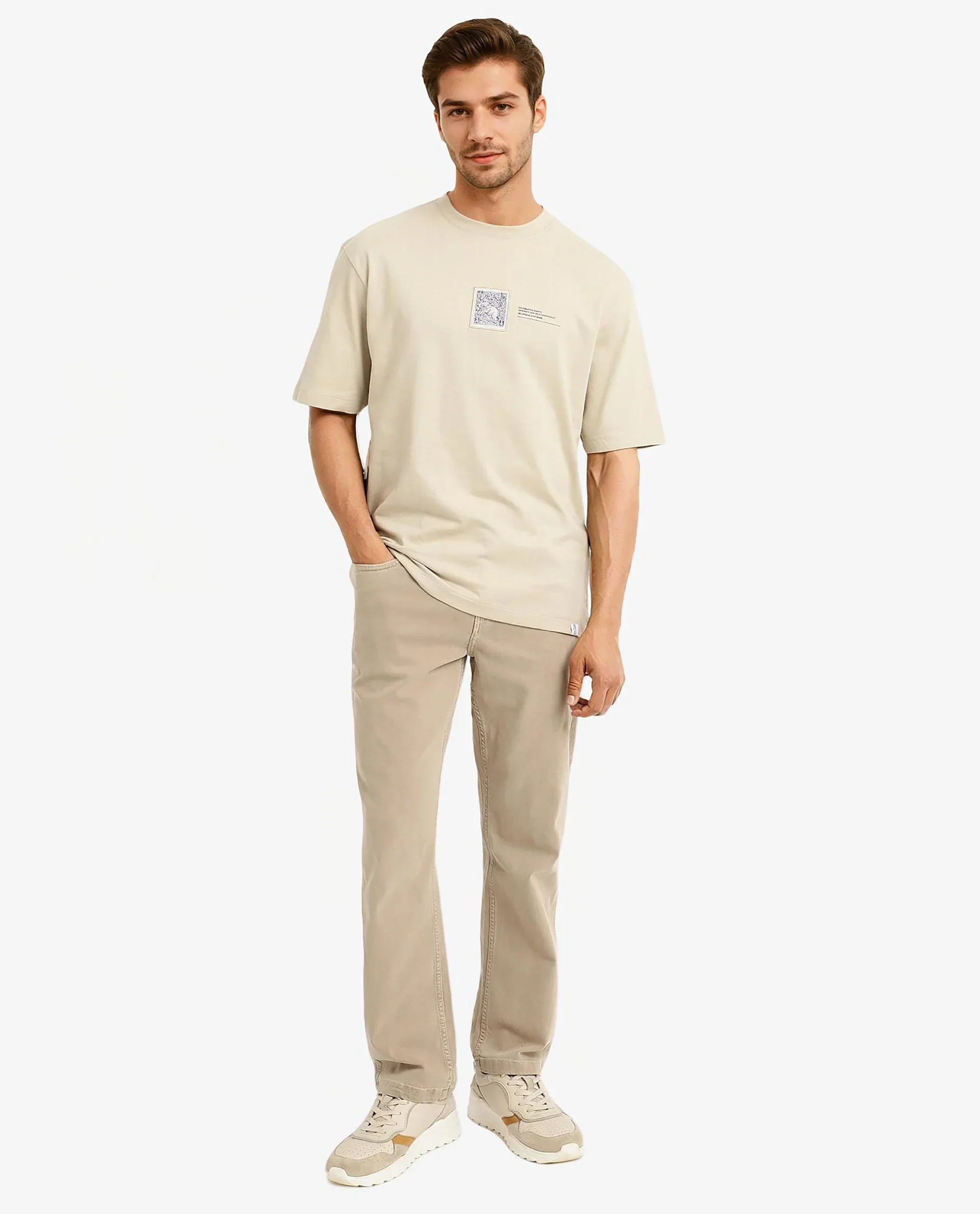 Rare Rabbit Men's Iylo Beige Cotton Graphic Print Oversized Fit Half Sleeve Crew Neck T-Shirt - Image 2