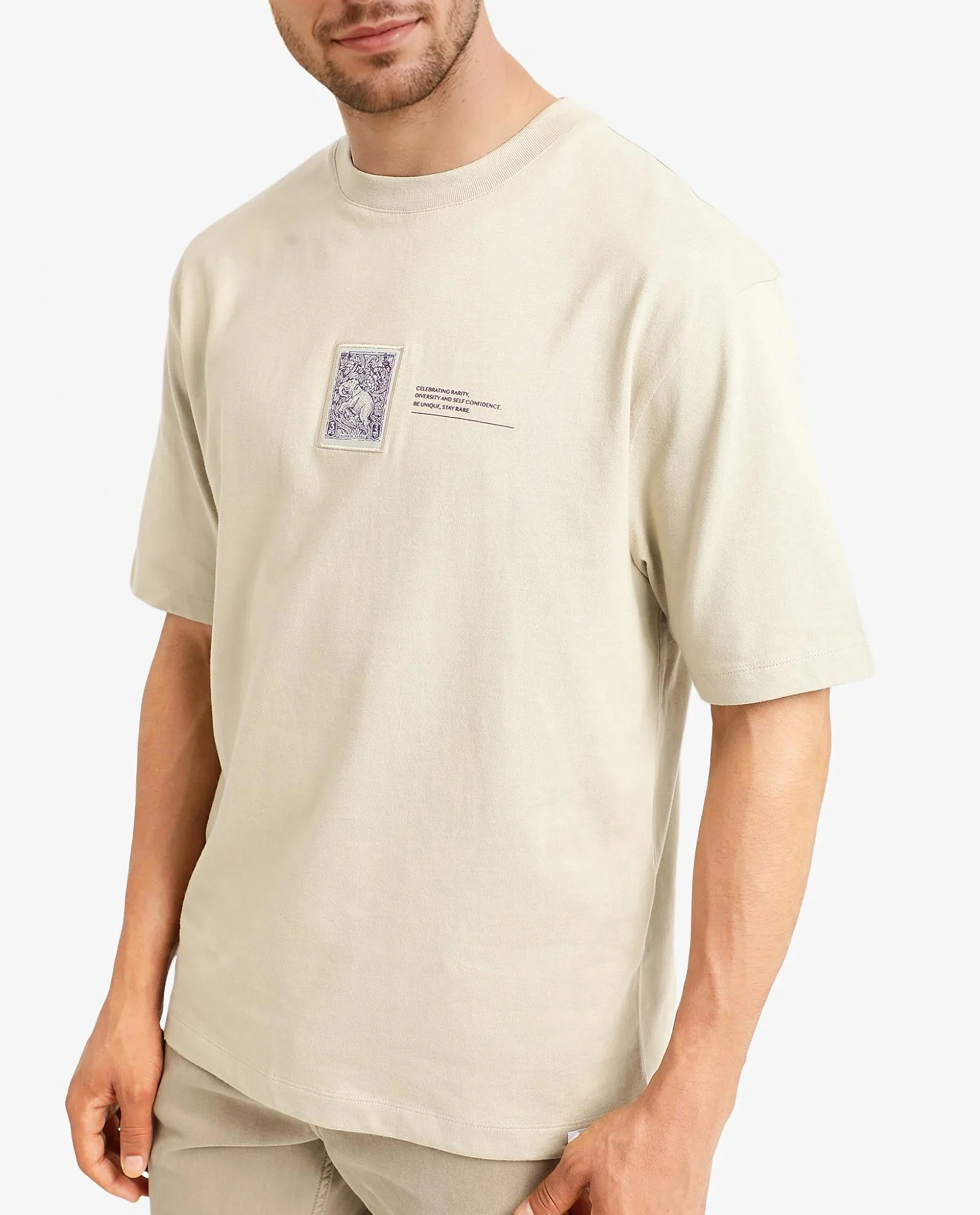 Rare Rabbit Men's Iylo Beige Cotton Graphic Print Oversized Fit Half Sleeve Crew Neck T-Shirt - Image 3
