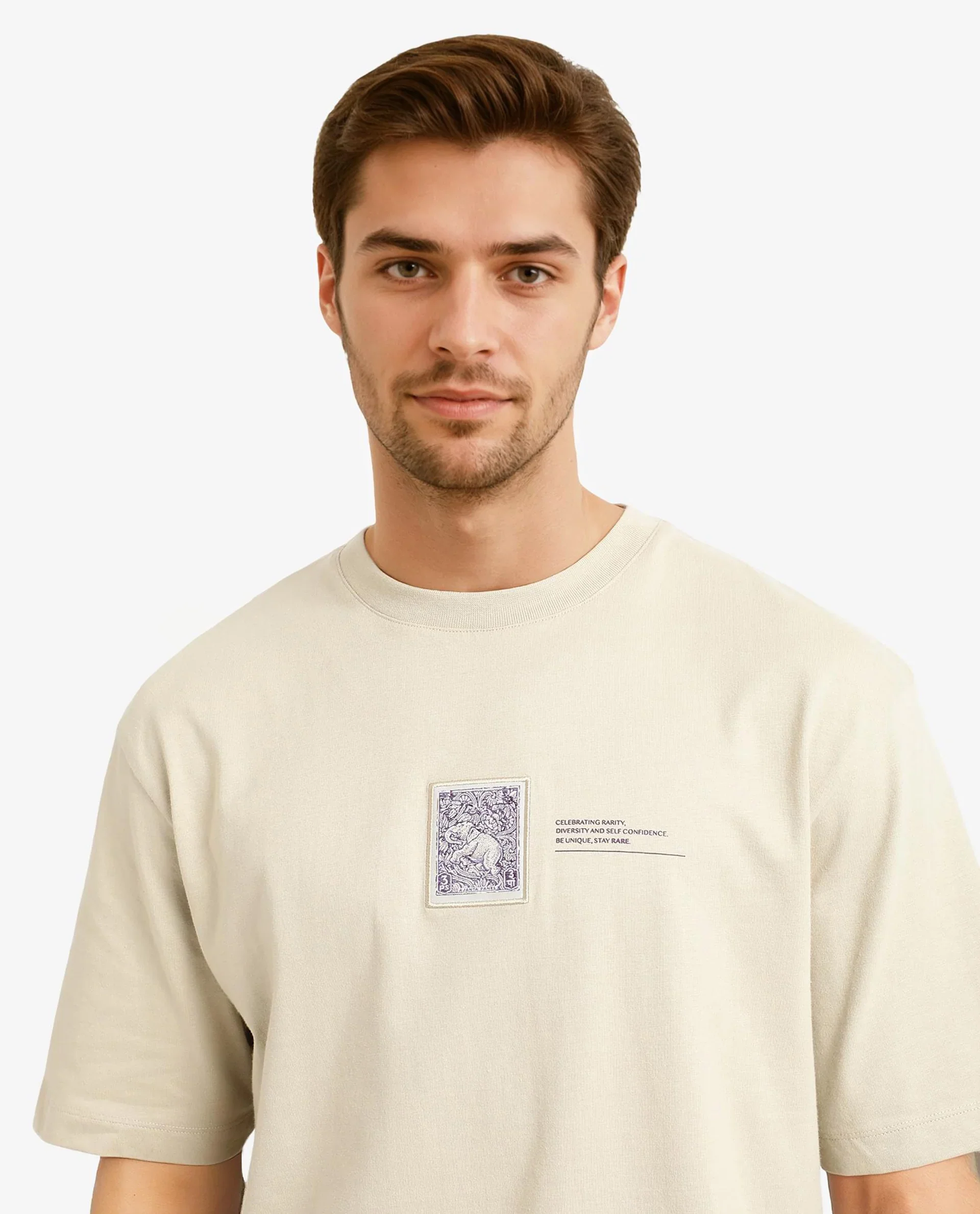 Rare Rabbit Men's Iylo Beige Cotton Graphic Print Oversized Fit Half Sleeve Crew Neck T-Shirt - Image 5