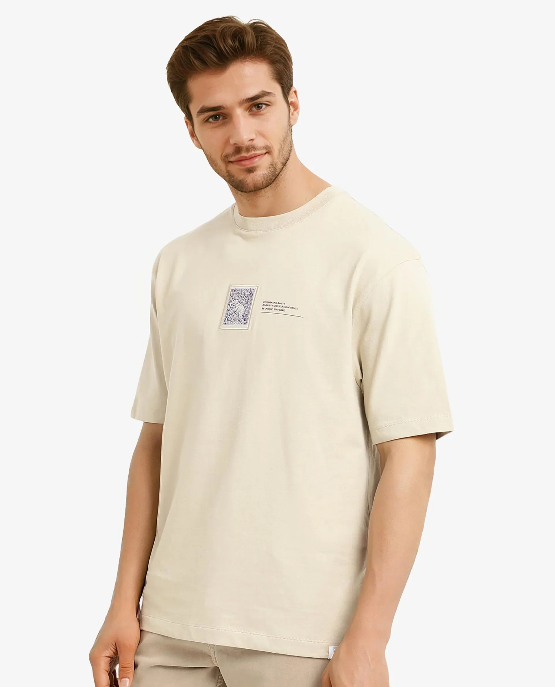 Rare Rabbit Men's Iylo Beige Cotton Graphic Print Oversized Fit Half Sleeve Crew Neck T-Shirt - Image 6