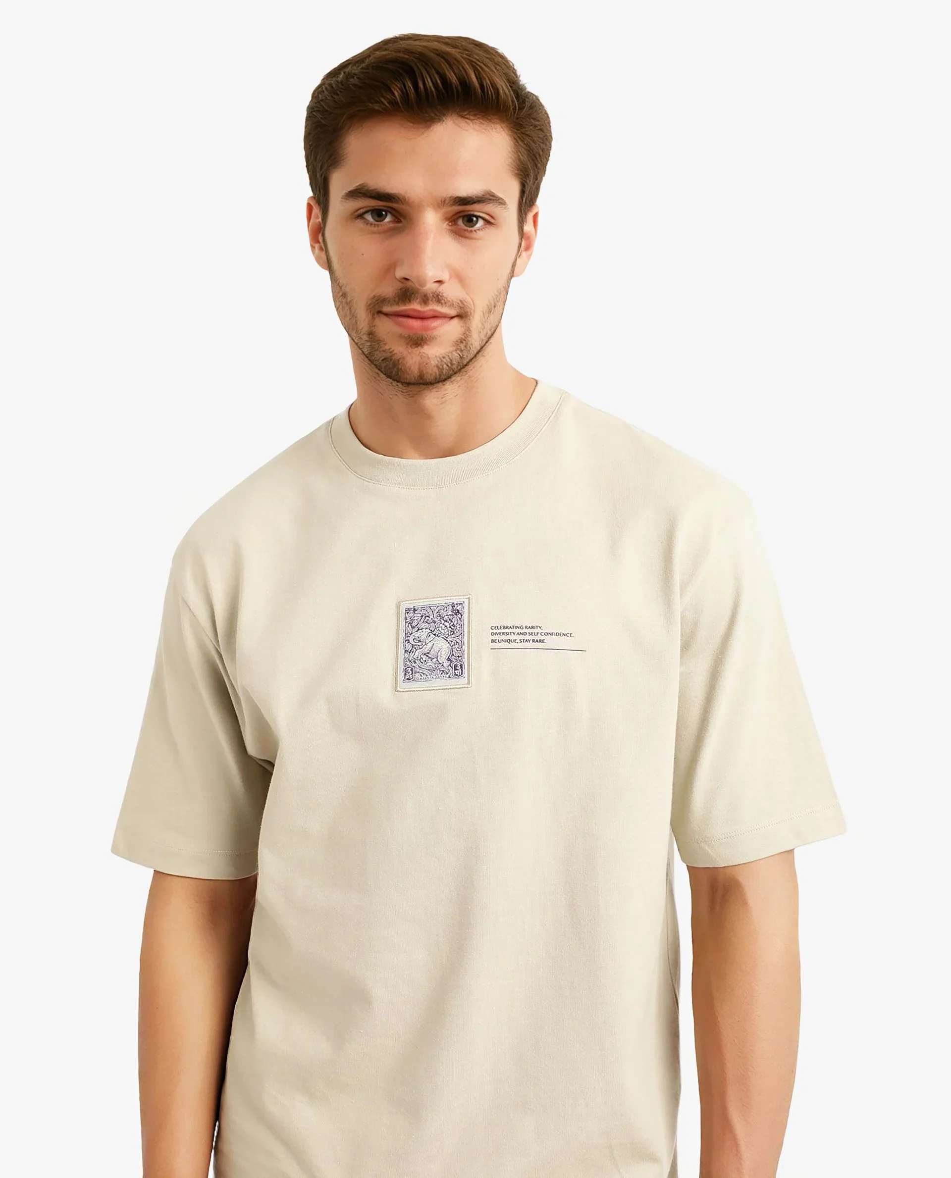 Rare Rabbit Men's Iylo Beige Cotton Graphic Print Oversized Fit Half Sleeve Crew Neck T-Shirt - Image 7