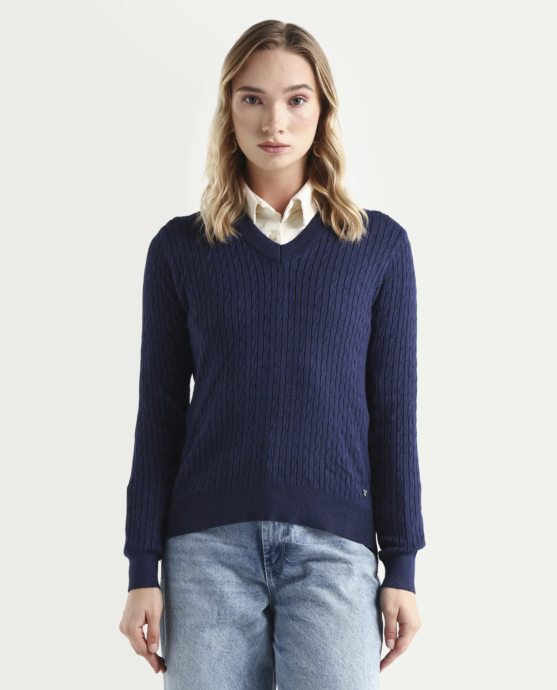 Rareism Women's Izmit Navy Viscose V-Neck Plain Regular Fit Top - Image 4