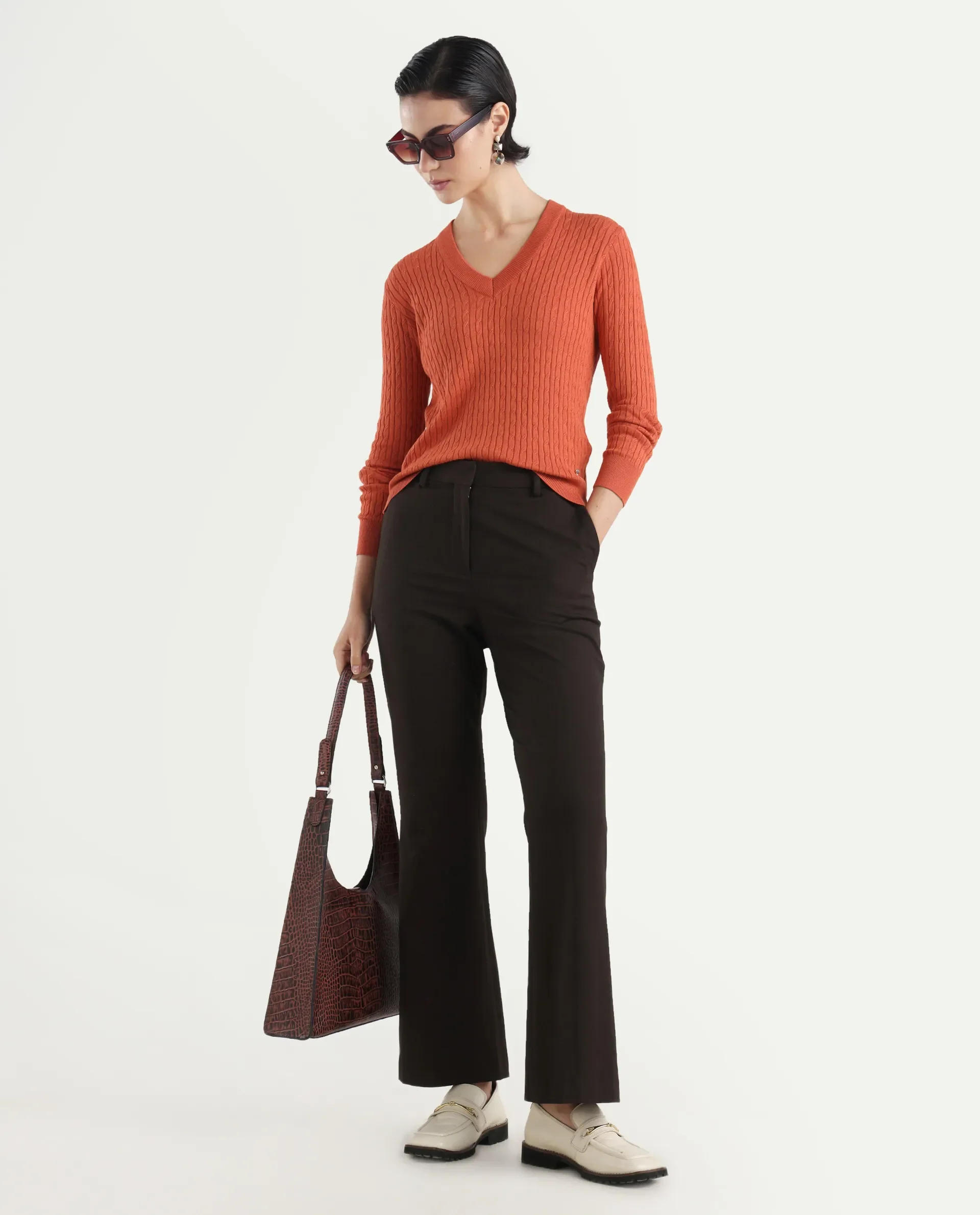 Rareism Women's Izmit Orange Viscose V-Neck Plain Regular Fit Top - Image 2