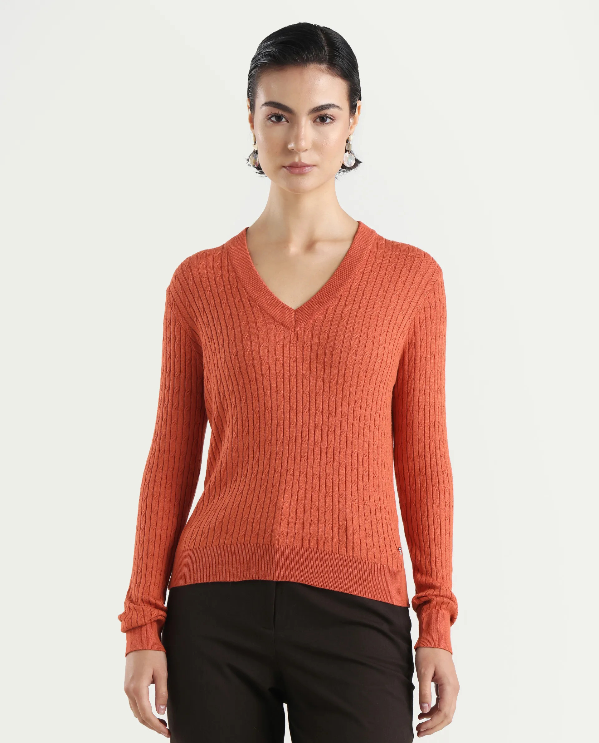 Rareism Women's Izmit Orange Viscose V-Neck Plain Regular Fit Top - Image 3