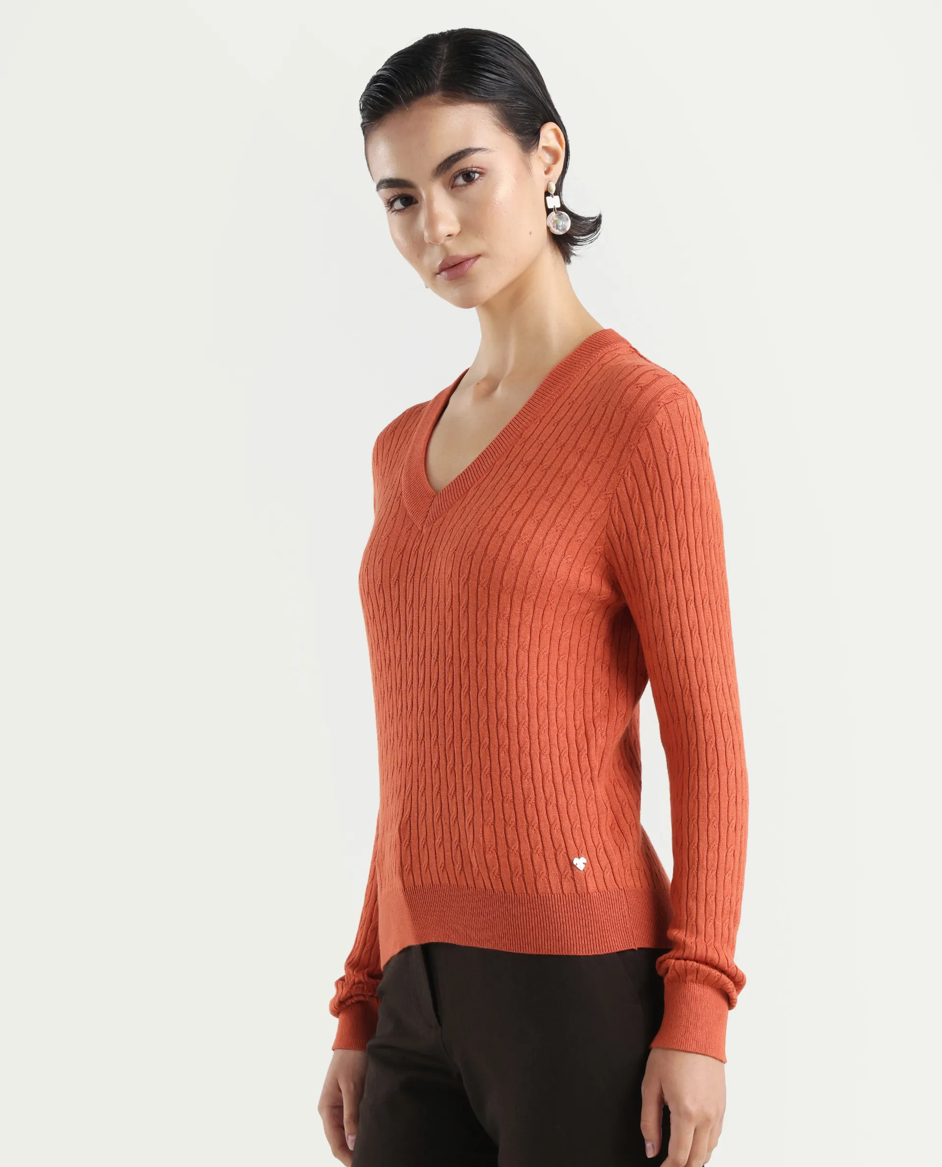 Rareism Women's Izmit Orange Viscose V-Neck Plain Regular Fit Top - Image 5