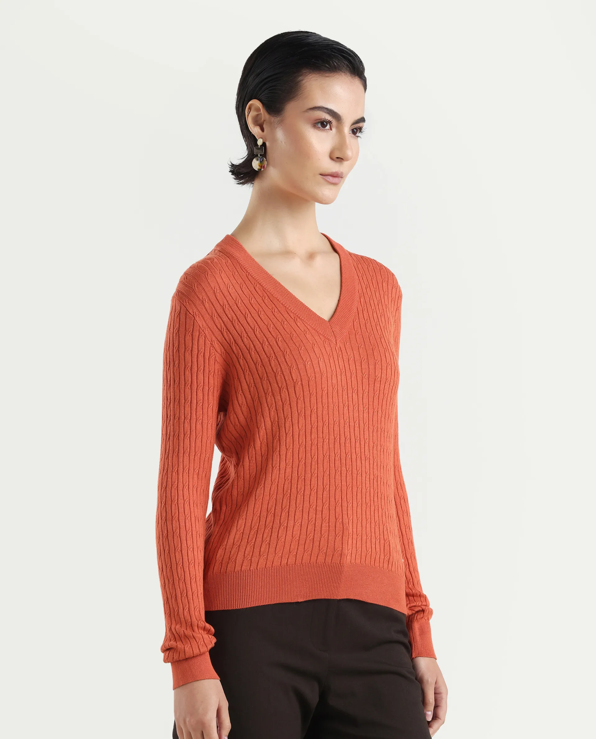 Rareism Women's Izmit Orange Viscose V-Neck Plain Regular Fit Top - Image 6