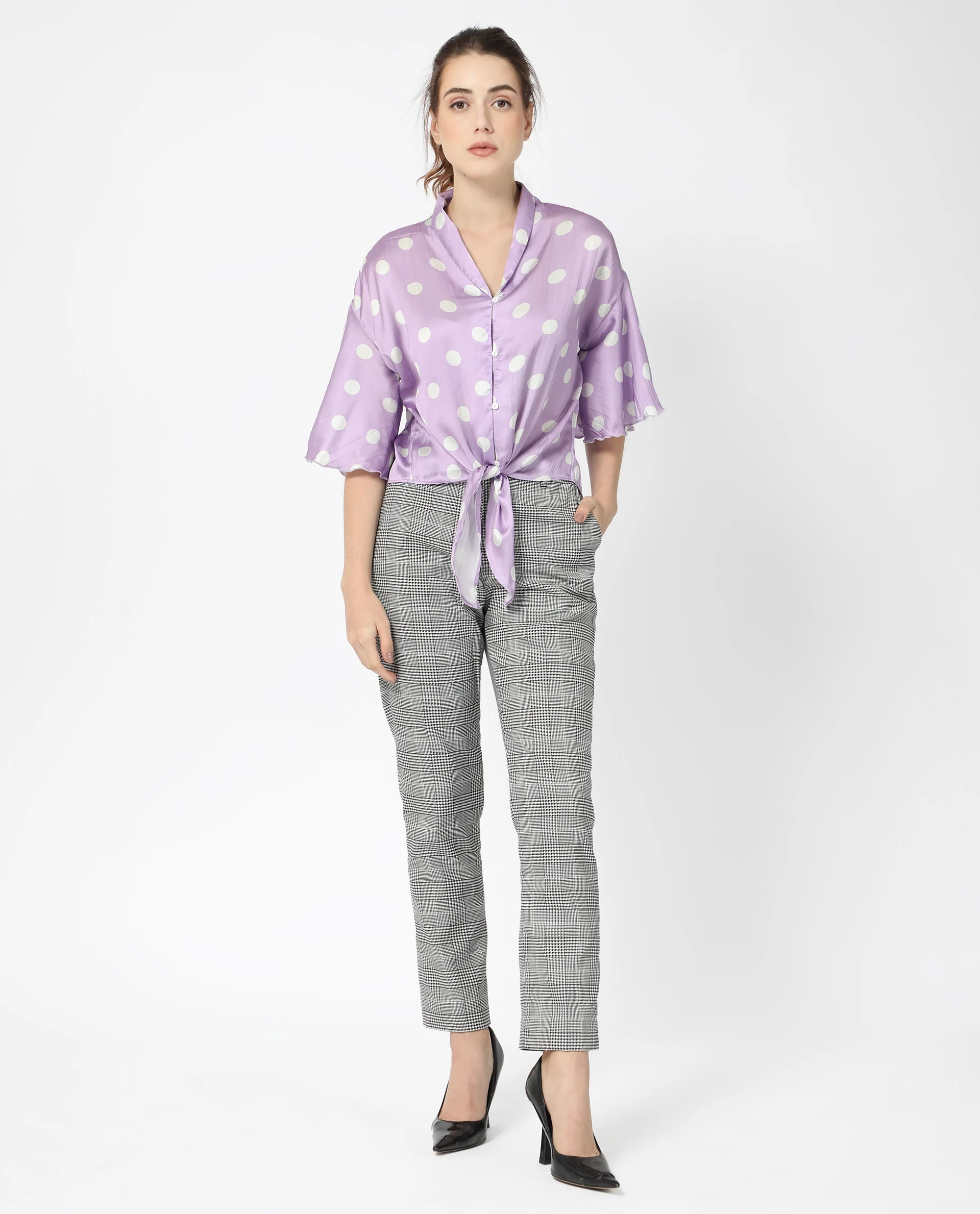 Rareism Women's Izzy Pastel Purple Polyester Collarless Polka Print Flared Sleeve Regular Fit Top - Image 2