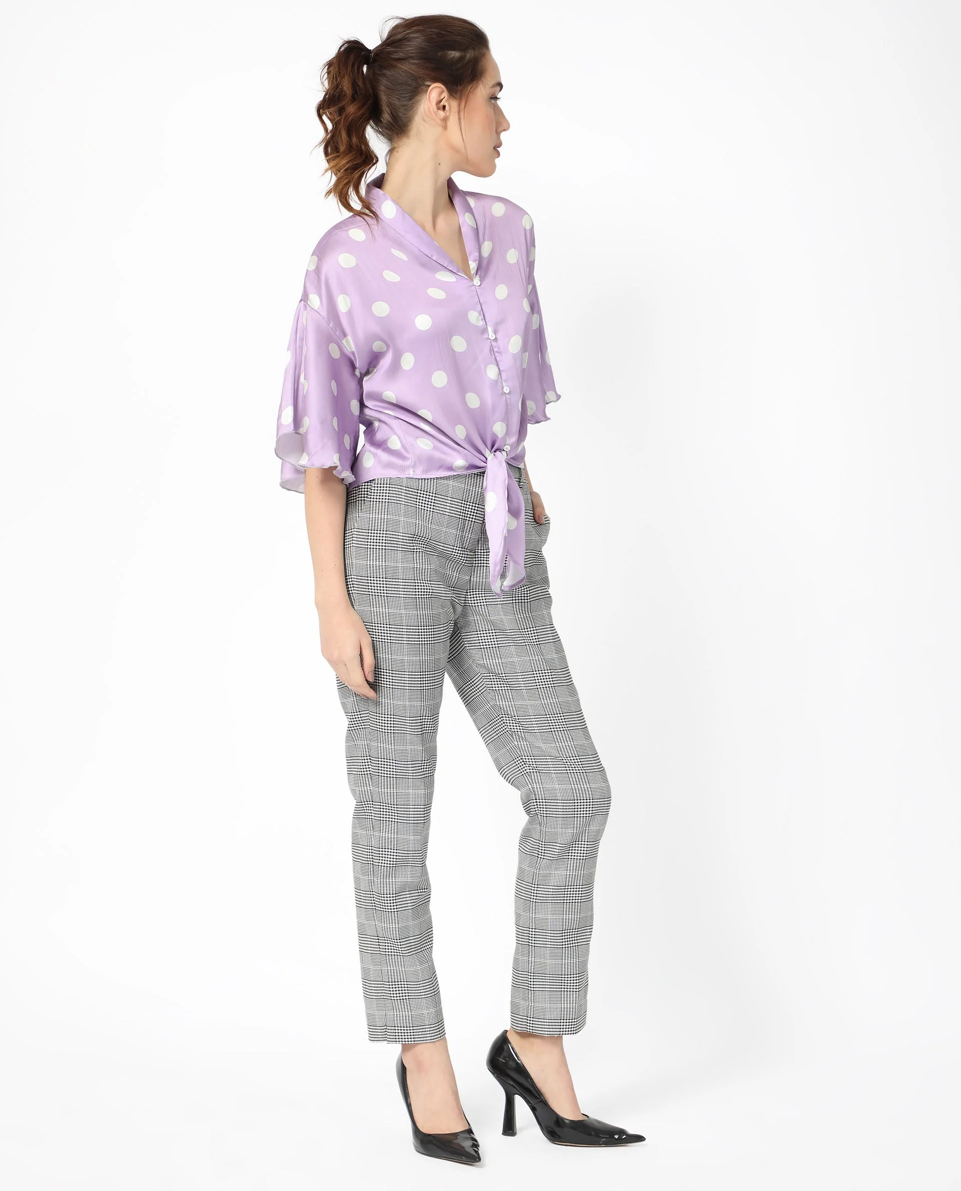 Rareism Women's Izzy Pastel Purple Polyester Collarless Polka Print Flared Sleeve Regular Fit Top - Image 3