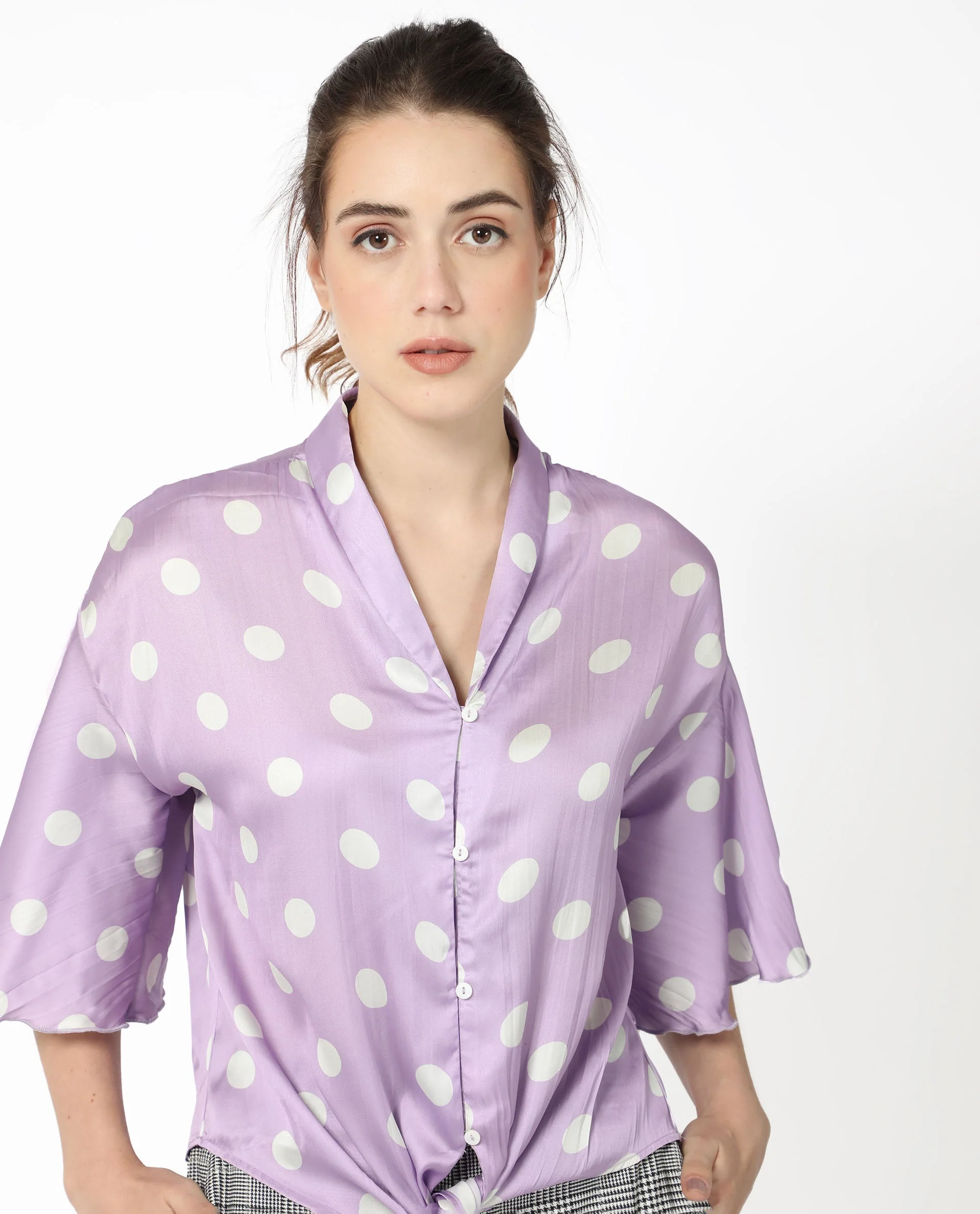 Rareism Women's Izzy Pastel Purple Polyester Collarless Polka Print Flared Sleeve Regular Fit Top - Image 4