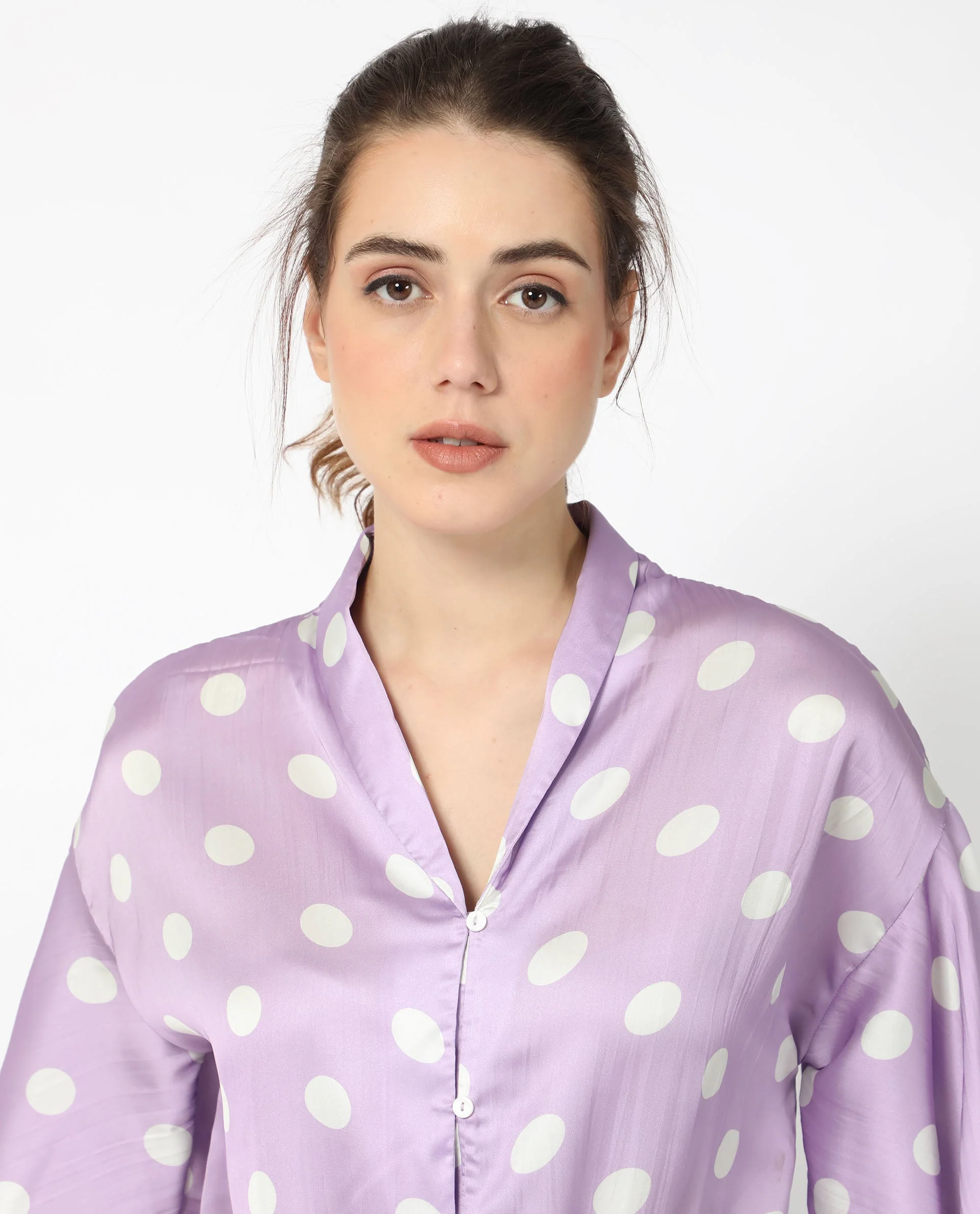 Rareism Women's Izzy Pastel Purple Polyester Collarless Polka Print Flared Sleeve Regular Fit Top - Image 5