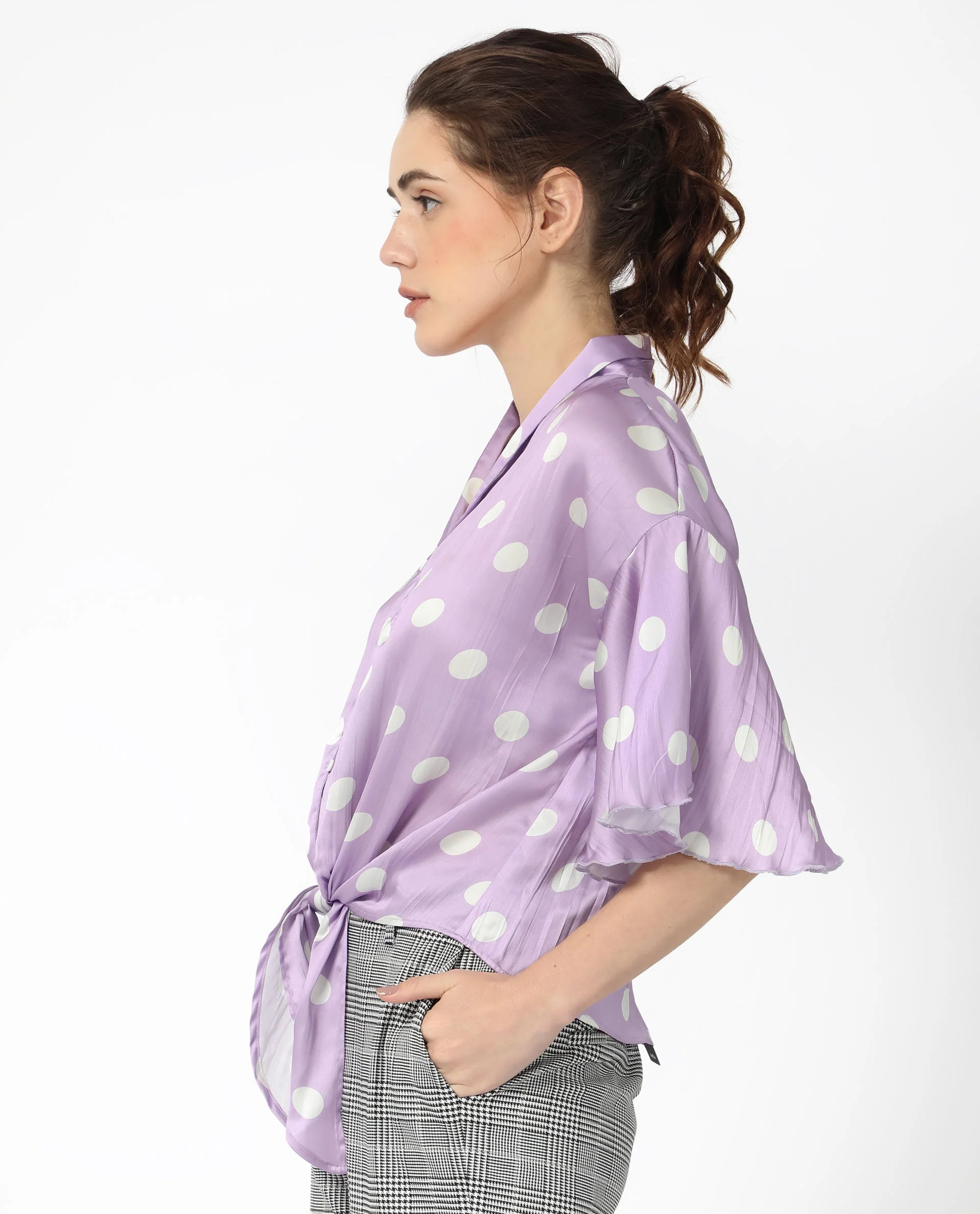 Rareism Women's Izzy Pastel Purple Polyester Collarless Polka Print Flared Sleeve Regular Fit Top - Image 6