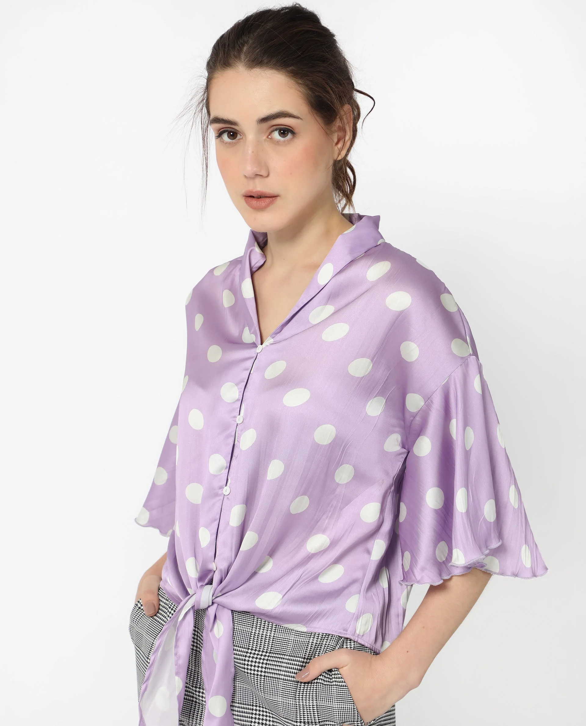 Rareism Women's Izzy Pastel Purple Polyester Collarless Polka Print Flared Sleeve Regular Fit Top - Image 7